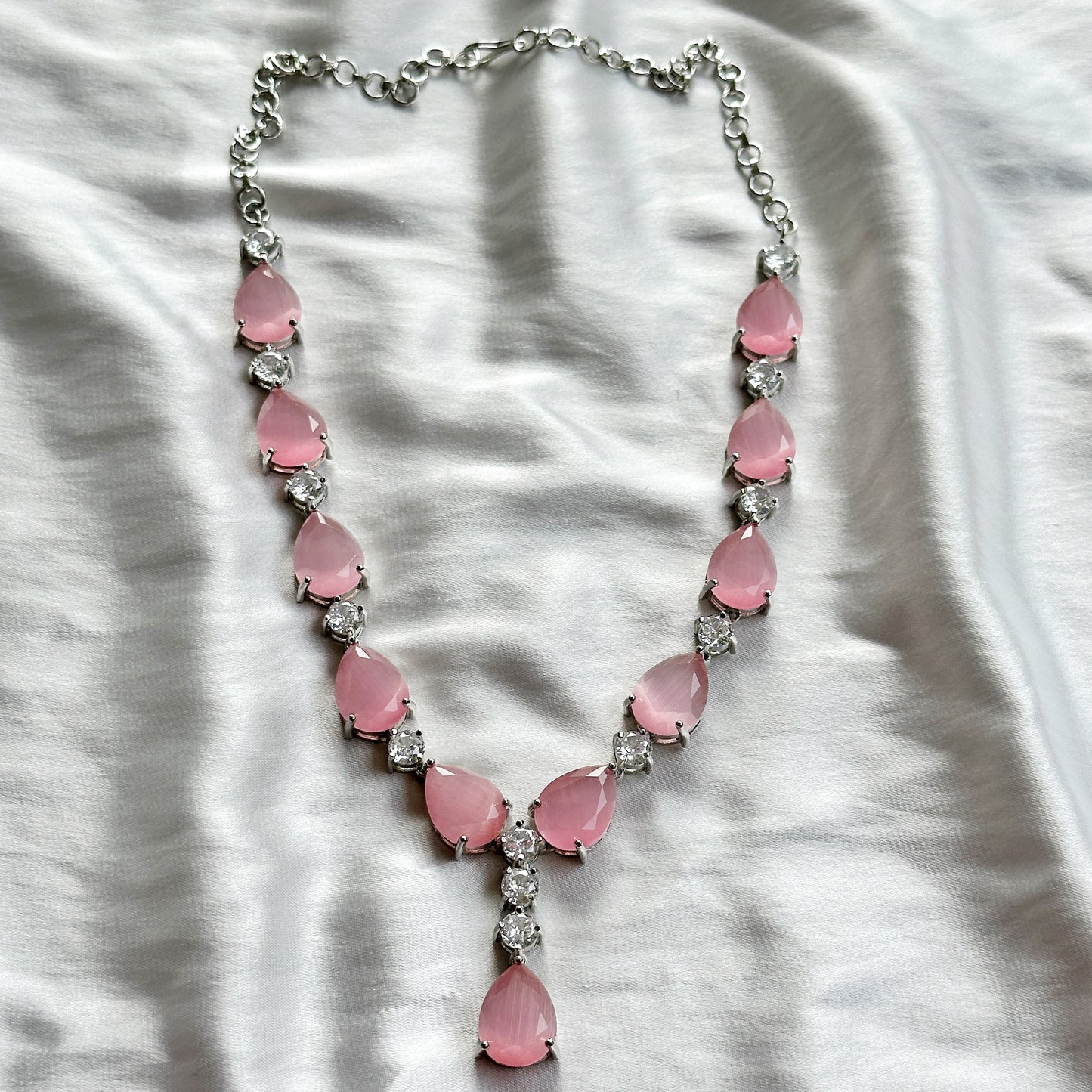Pink Topaz Zircon American Diamond Silver Plated Necklace Set