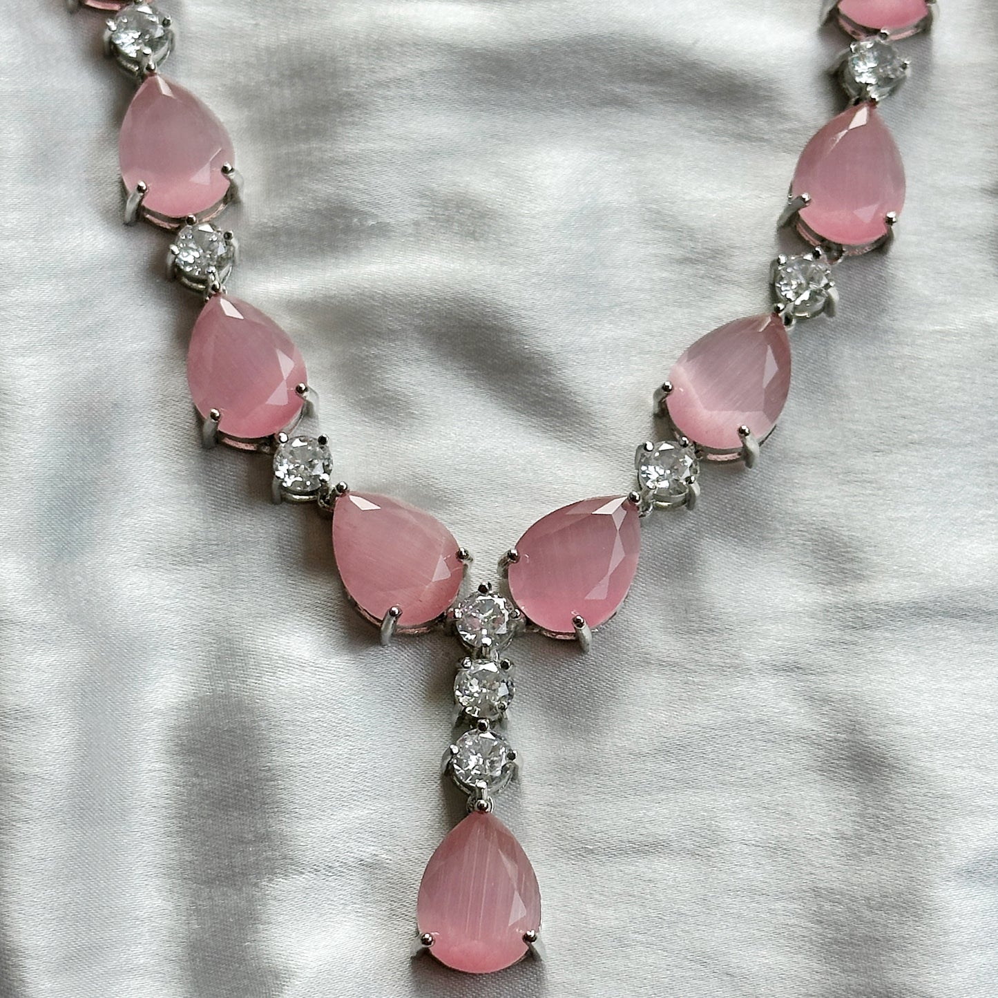 Pink Topaz Zircon American Diamond Silver Plated Necklace Set