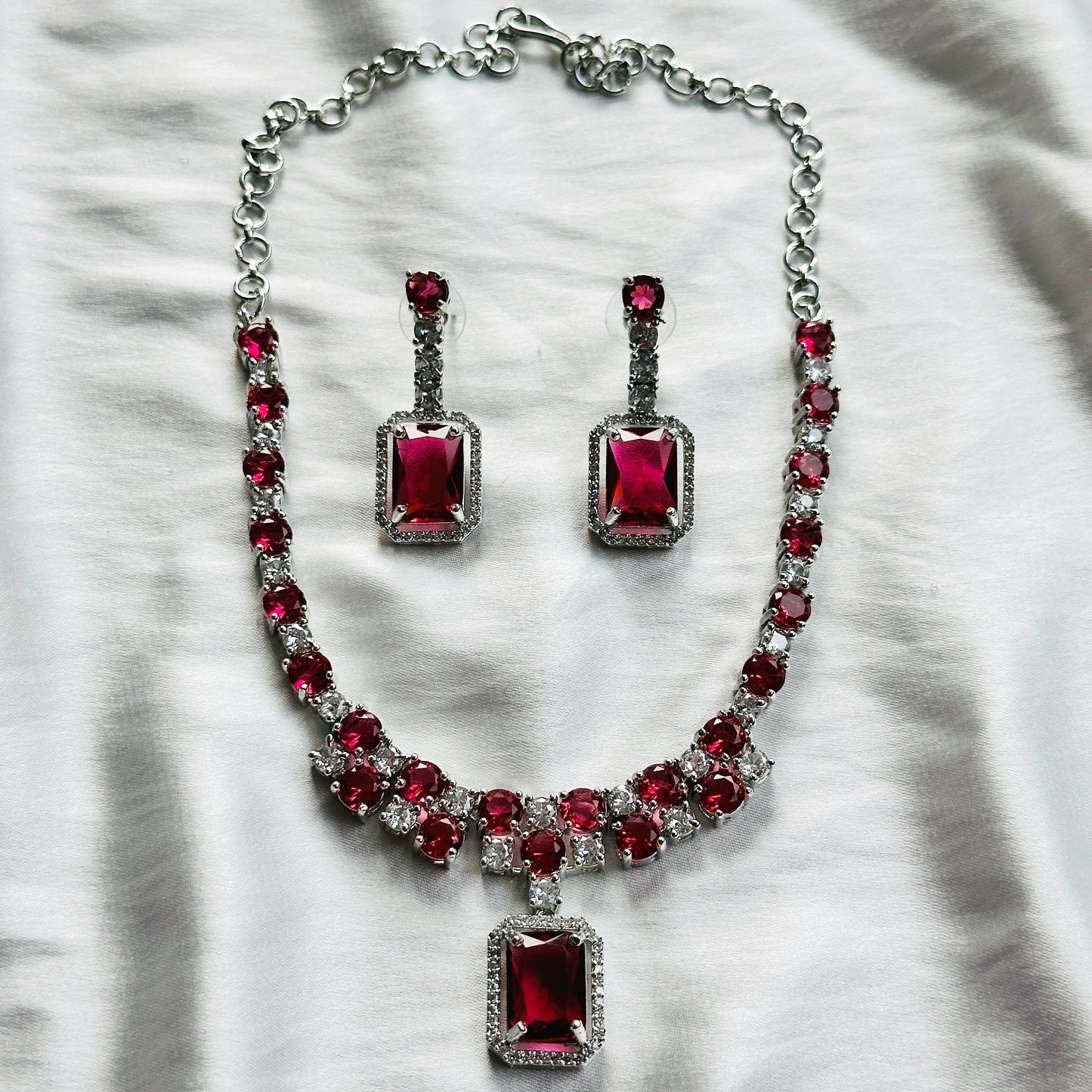 Red Ruby Cubic Zircon American Diamond Silver Plated Necklace Set