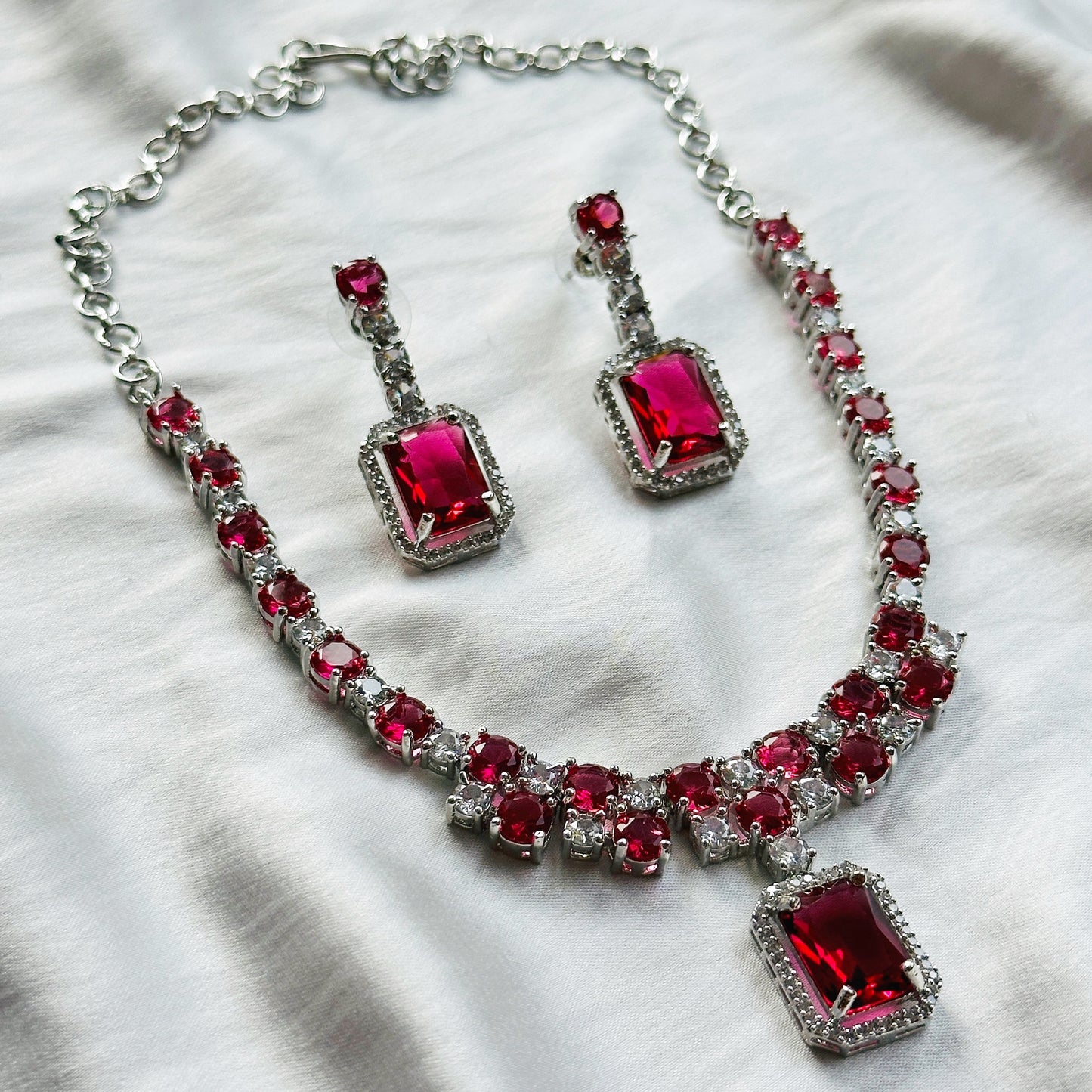 Red Ruby Cubic Zircon American Diamond Silver Plated Necklace Set