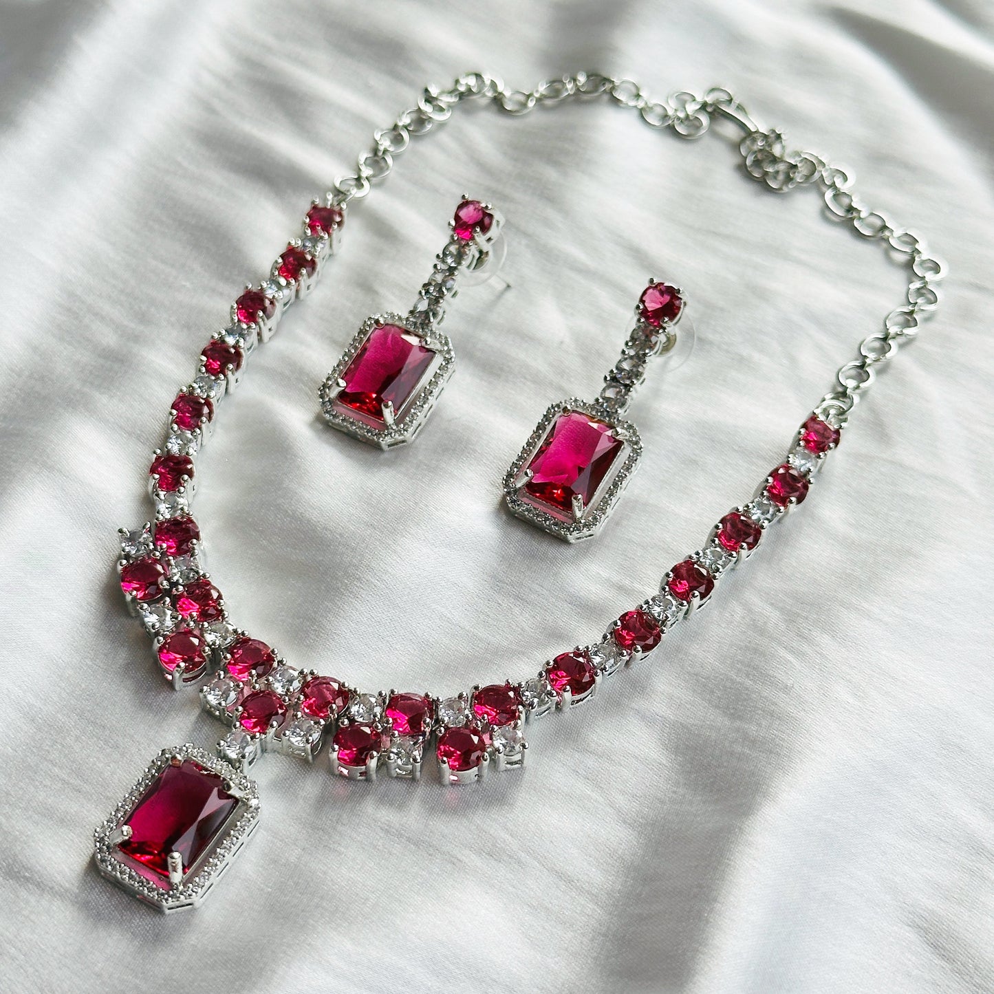 Red Ruby Cubic Zircon American Diamond Silver Plated Necklace Set