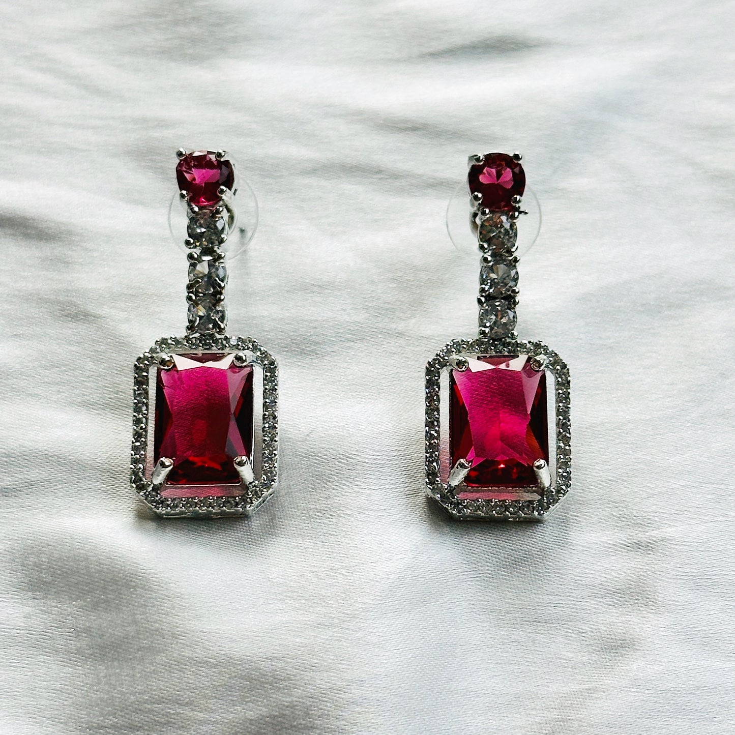 Red Ruby Cubic Zircon American Diamond Silver Plated Necklace Set