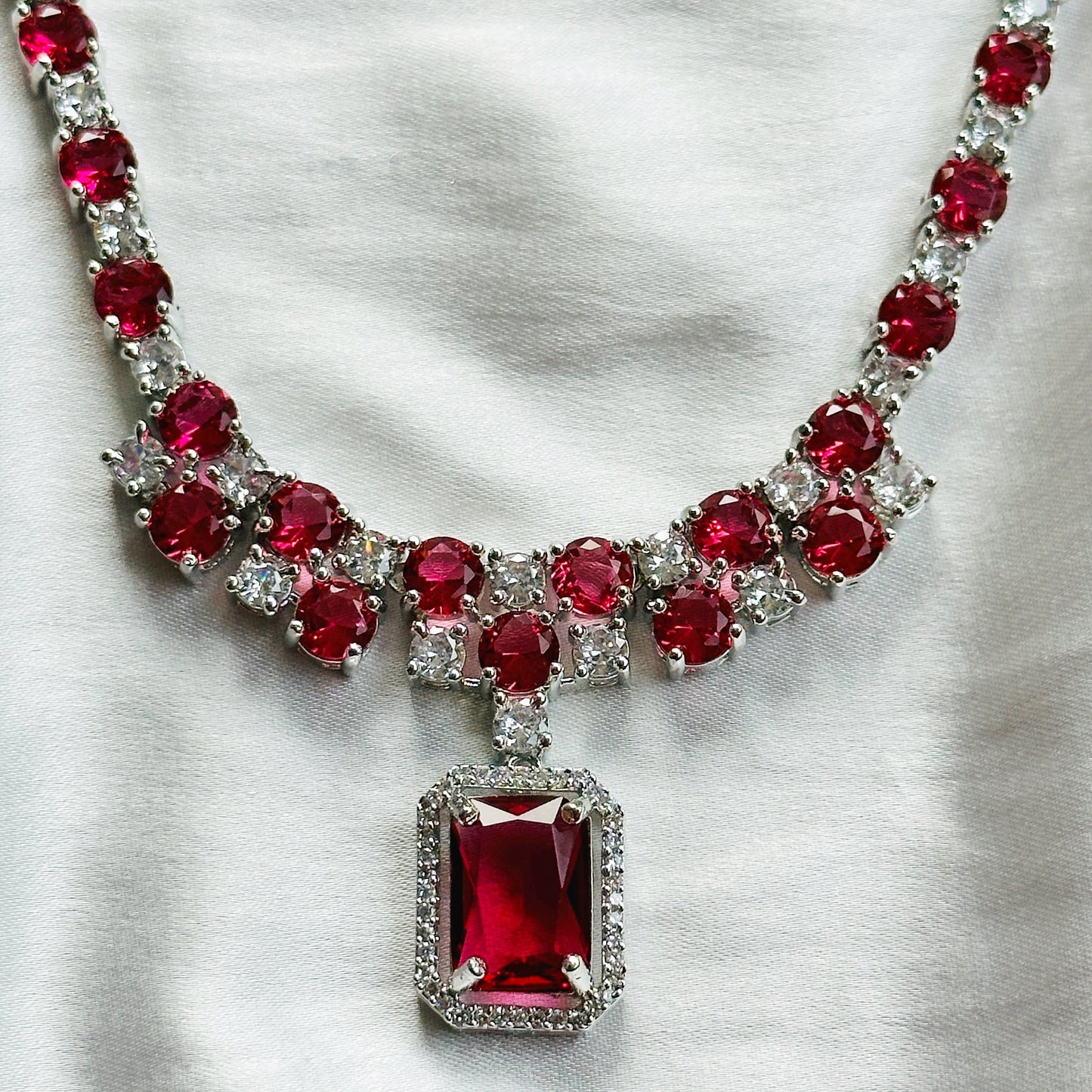 Red Ruby Cubic Zircon American Diamond Silver Plated Necklace Set