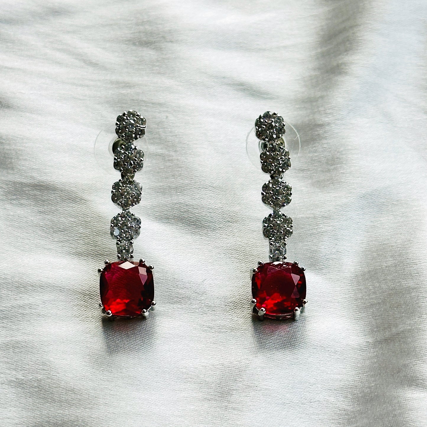 Red Ruby Cubic Zircon Stones American Diamond Silver Plated Necklace Set