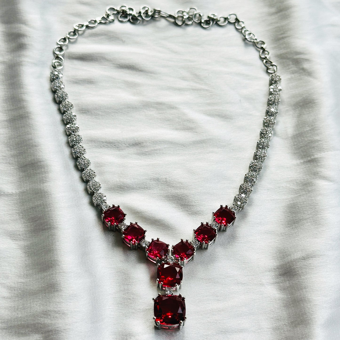 Red Ruby Cubic Zircon Stones American Diamond Silver Plated Necklace Set