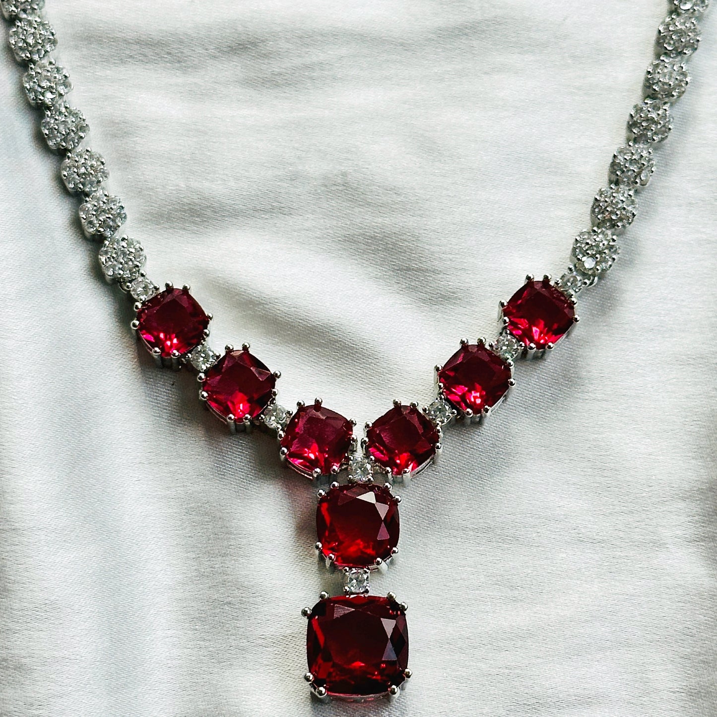 Red Ruby Cubic Zircon Stones American Diamond Silver Plated Necklace Set