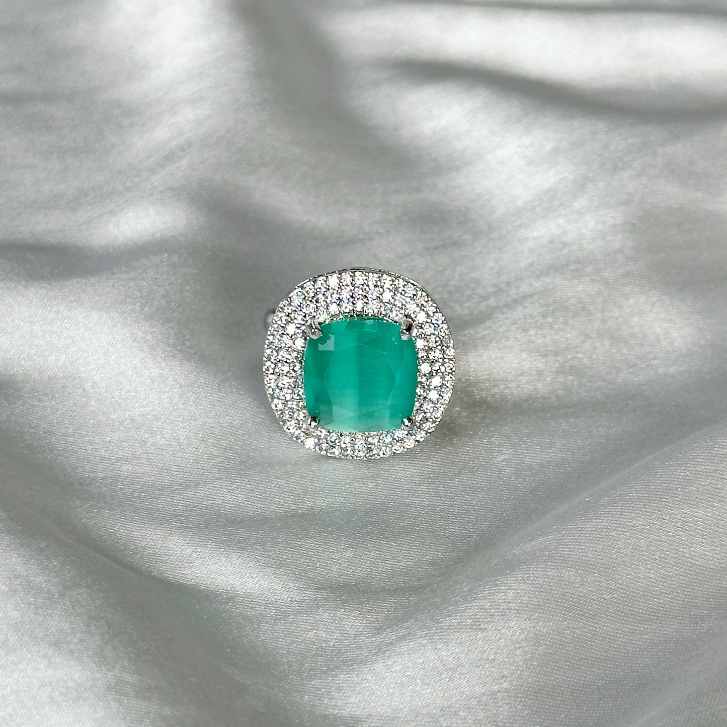 Mint Green Topaz Zircon American Diamond Silver Plated Adjustable Ring