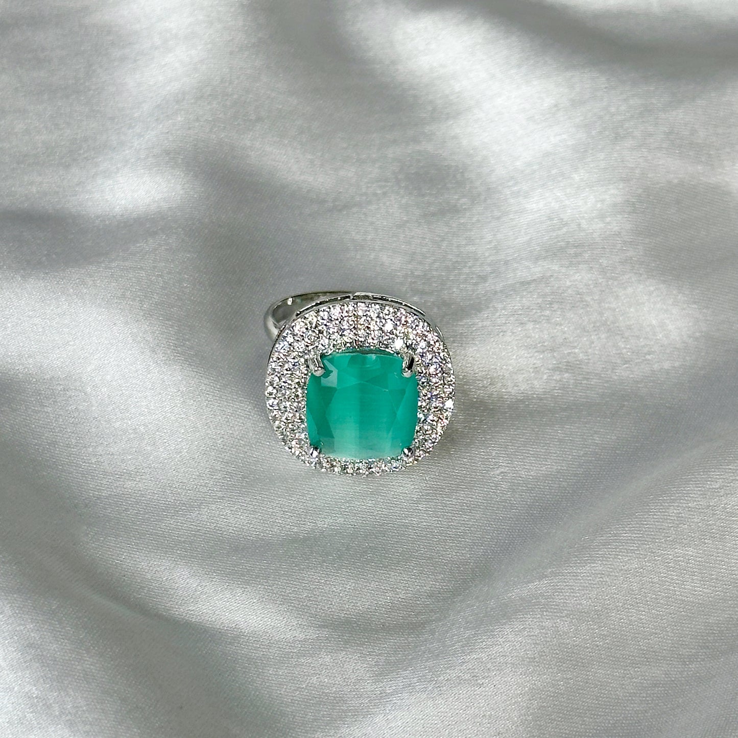 Mint Green Topaz Zircon American Diamond Silver Plated Adjustable Ring