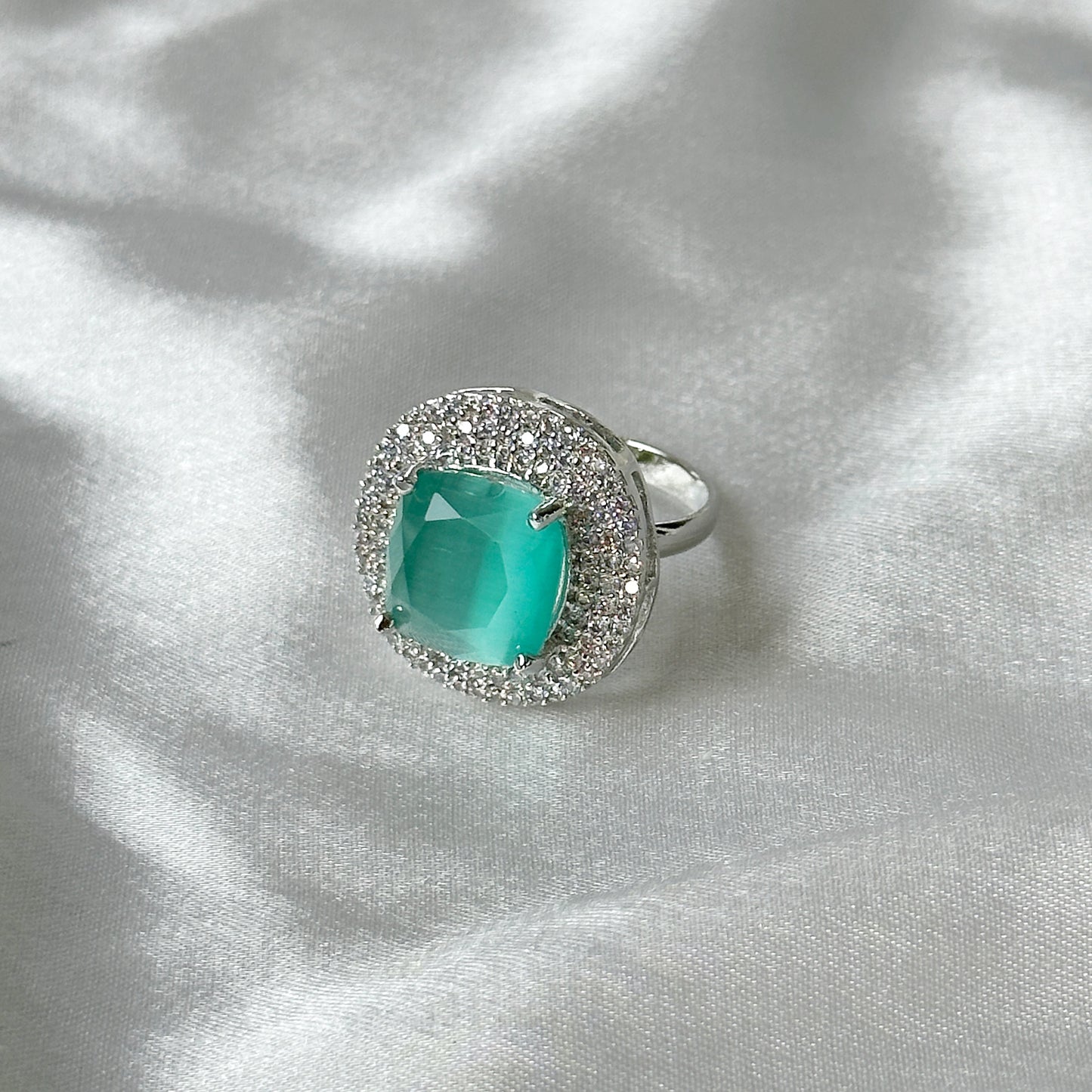 Mint Green Topaz Zircon American Diamond Silver Plated Adjustable Ring