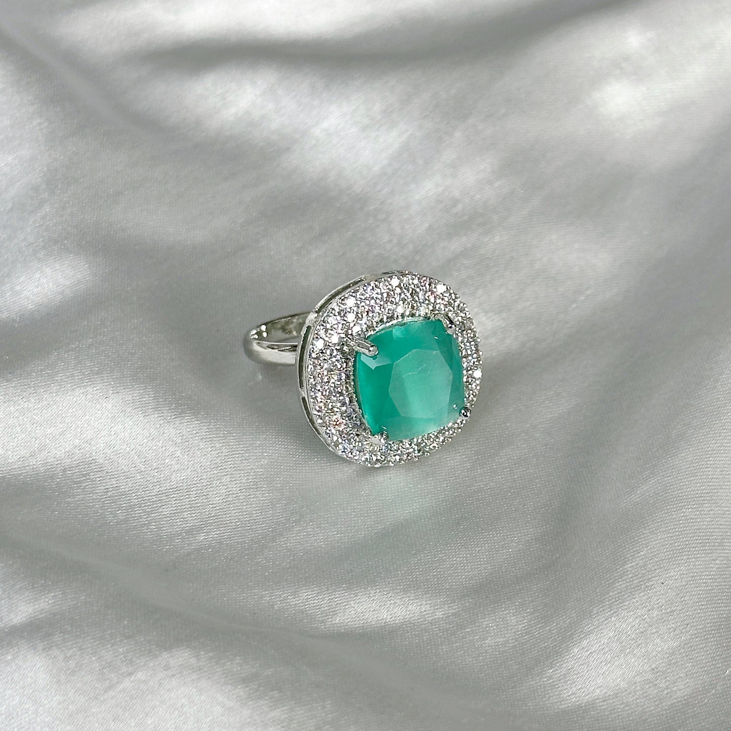 Mint Green Topaz Cubic Zirconia American Diamond Silver Plated Adjustable Ring