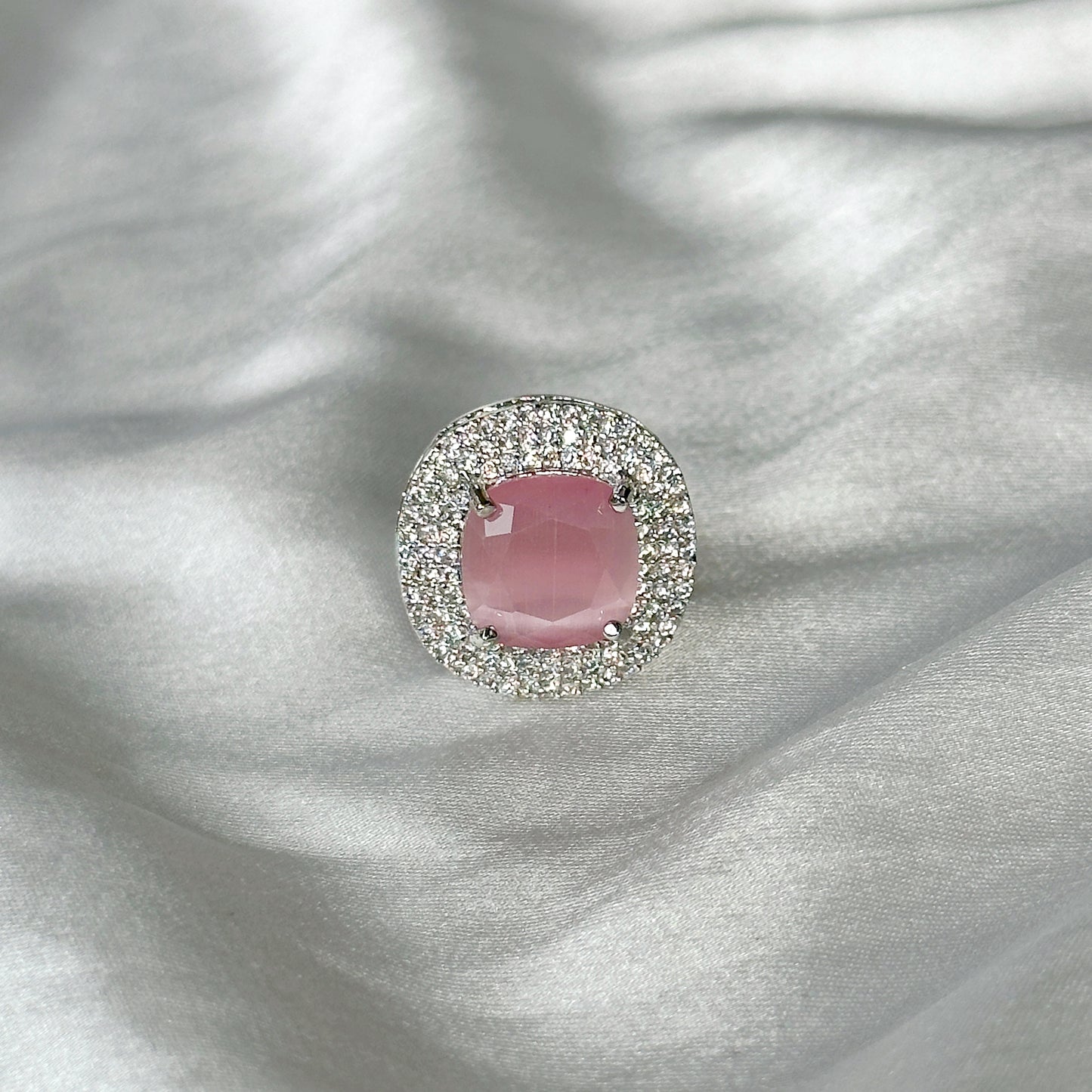 Pink Topaz Zircon American Diamond Silver Plated Adjustable Ring