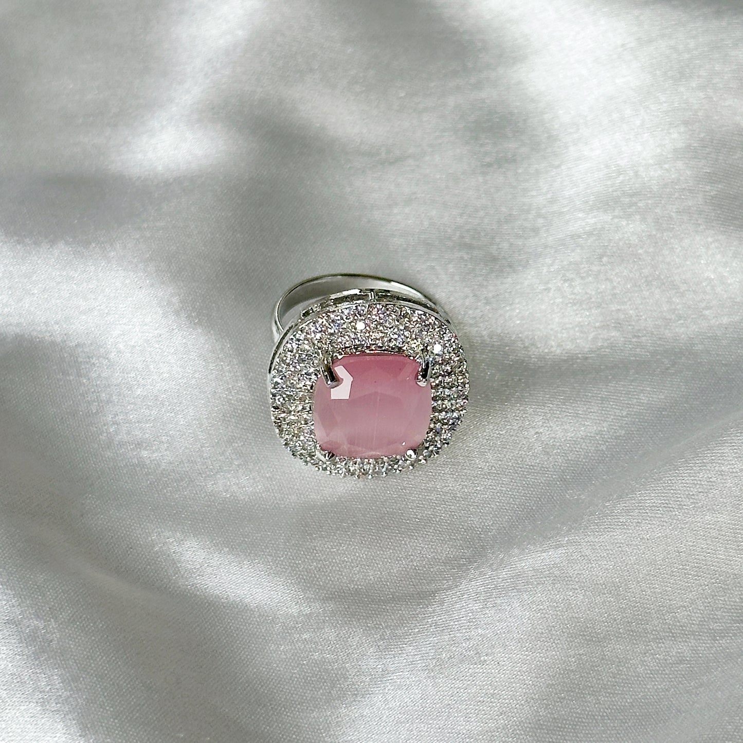 Pink Topaz Zircon American Diamond Silver Plated Adjustable Ring