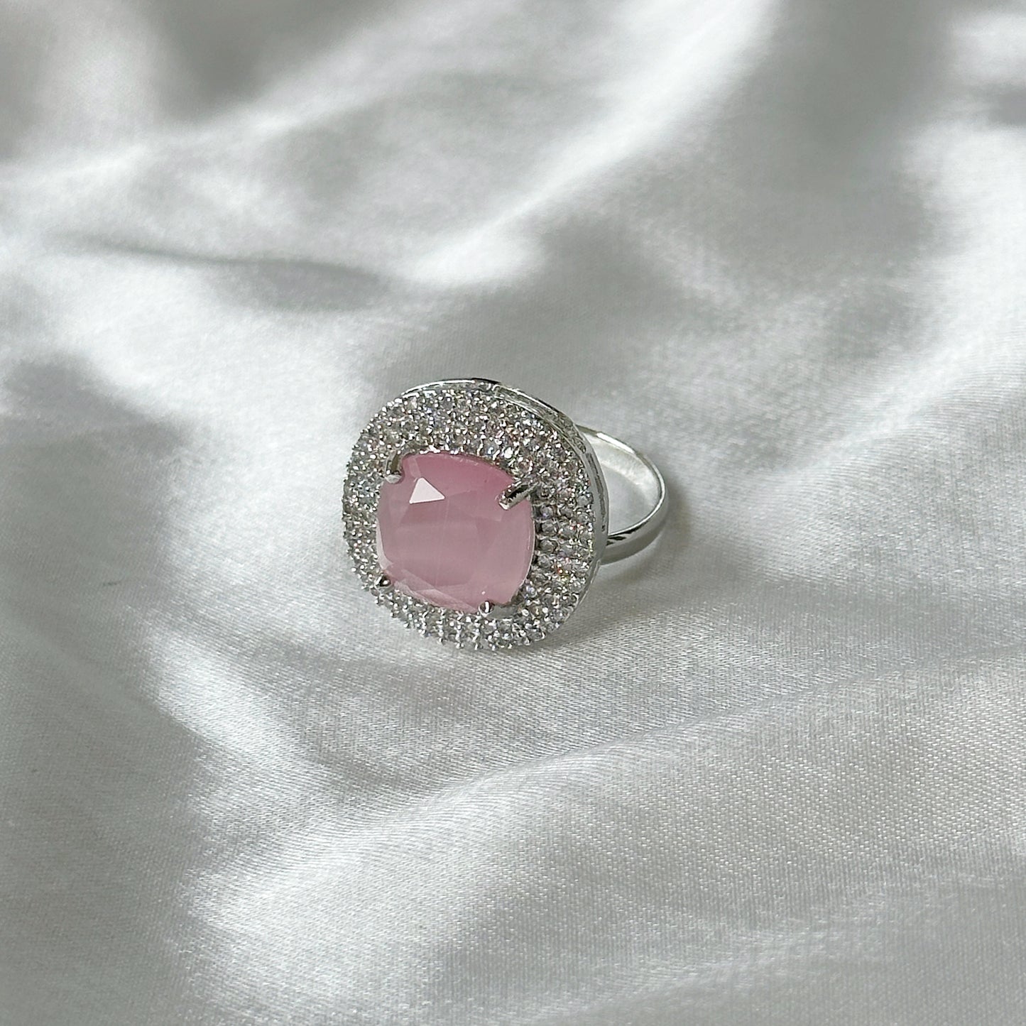 Pink Topaz Zircon American Diamond Silver Plated Adjustable Ring