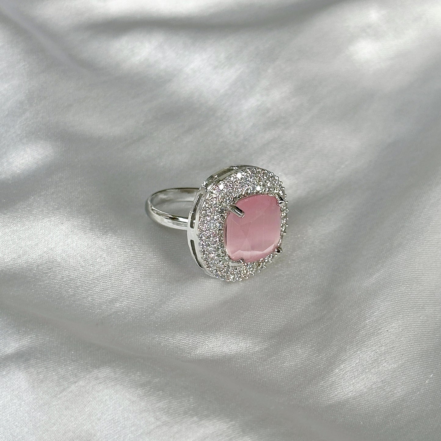 Pink Topaz Zircon American Diamond Silver Plated Adjustable Ring