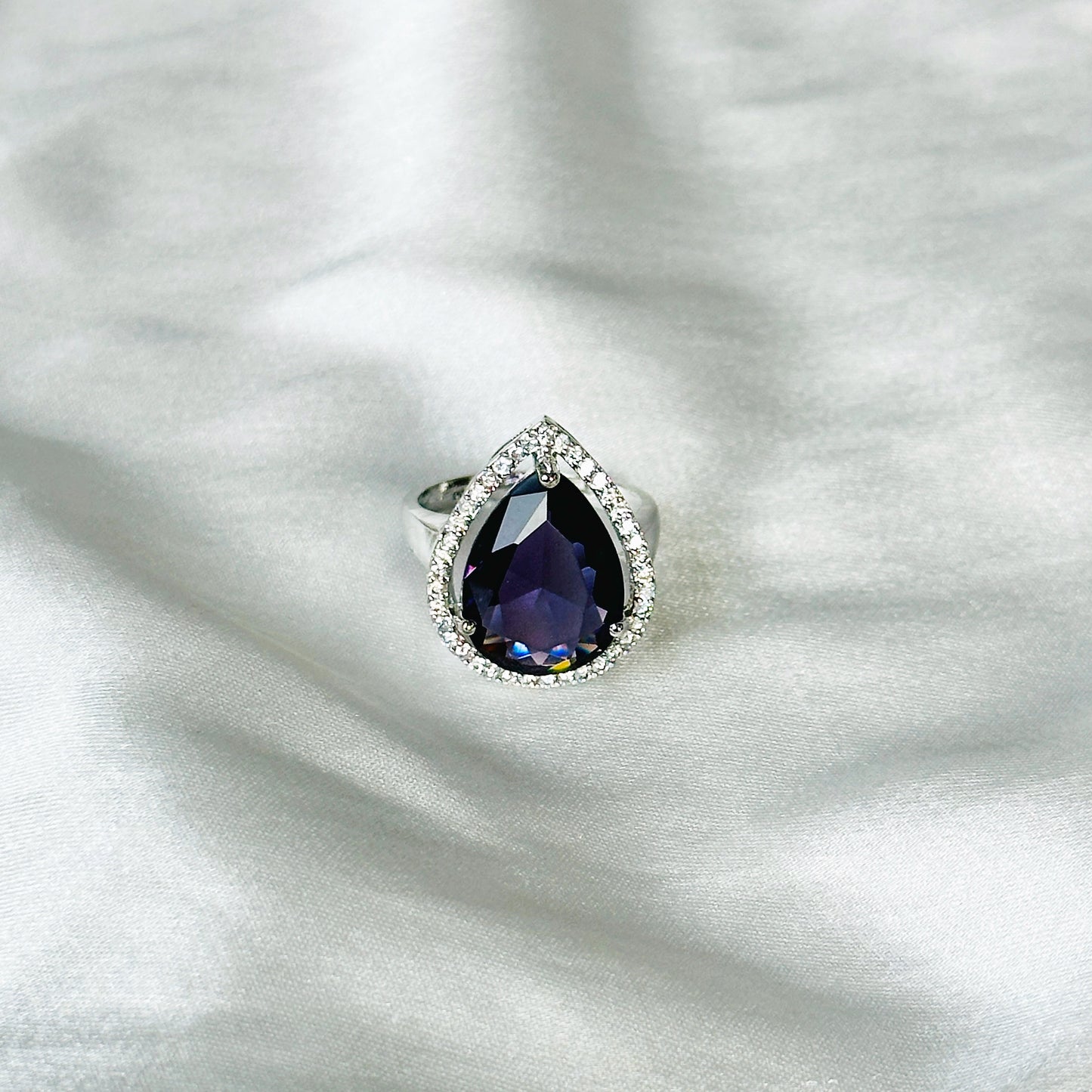 Deep Purple Amethyst Cubic Zircon Stone American Diamond Silver Plated Adjustable Ring