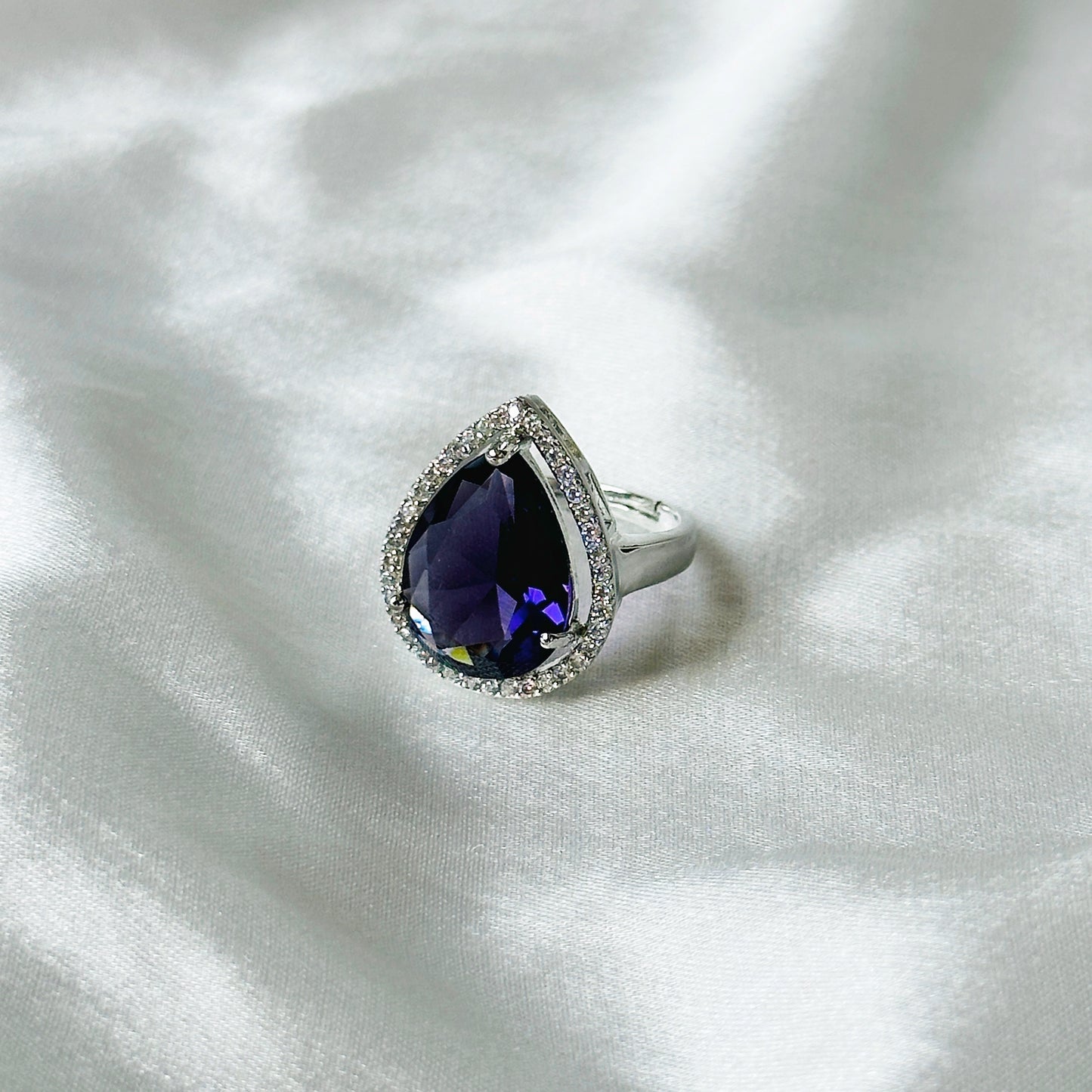 Deep Purple Amethyst Cubic Zircon Stone American Diamond Silver Plated Adjustable Ring