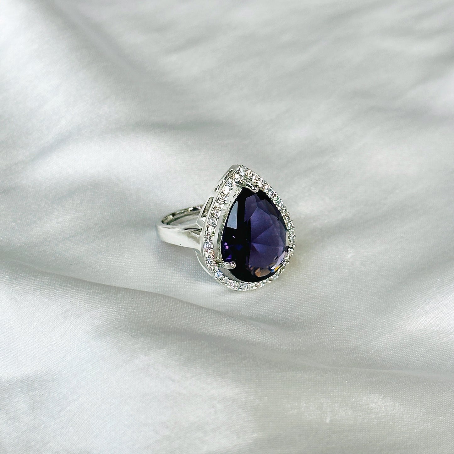 Deep Purple Amethyst Cubic Zircon Stone American Diamond Silver Plated Adjustable Ring