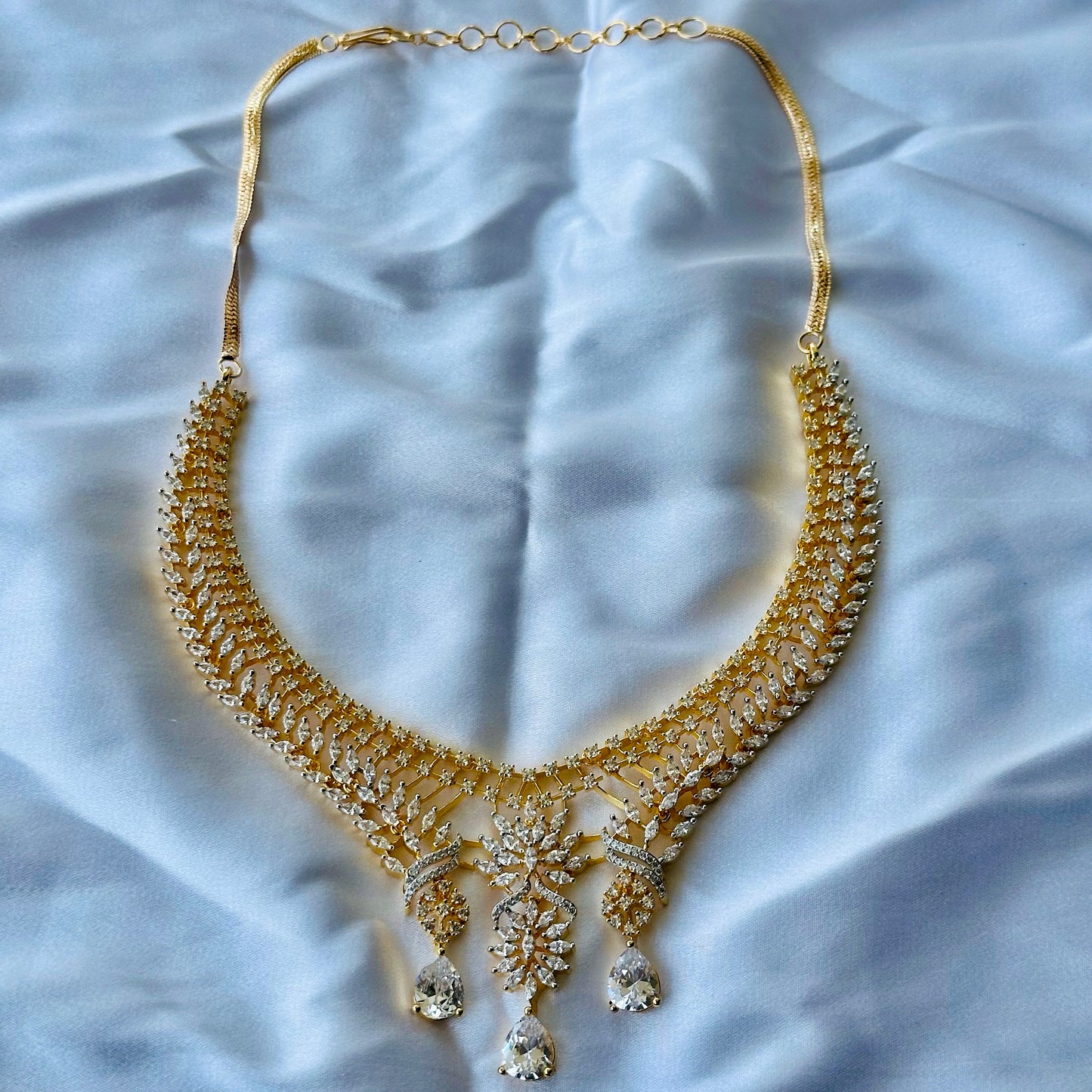 Solitaire Cubic Zircon American Diamond Gold Plated Necklace Set