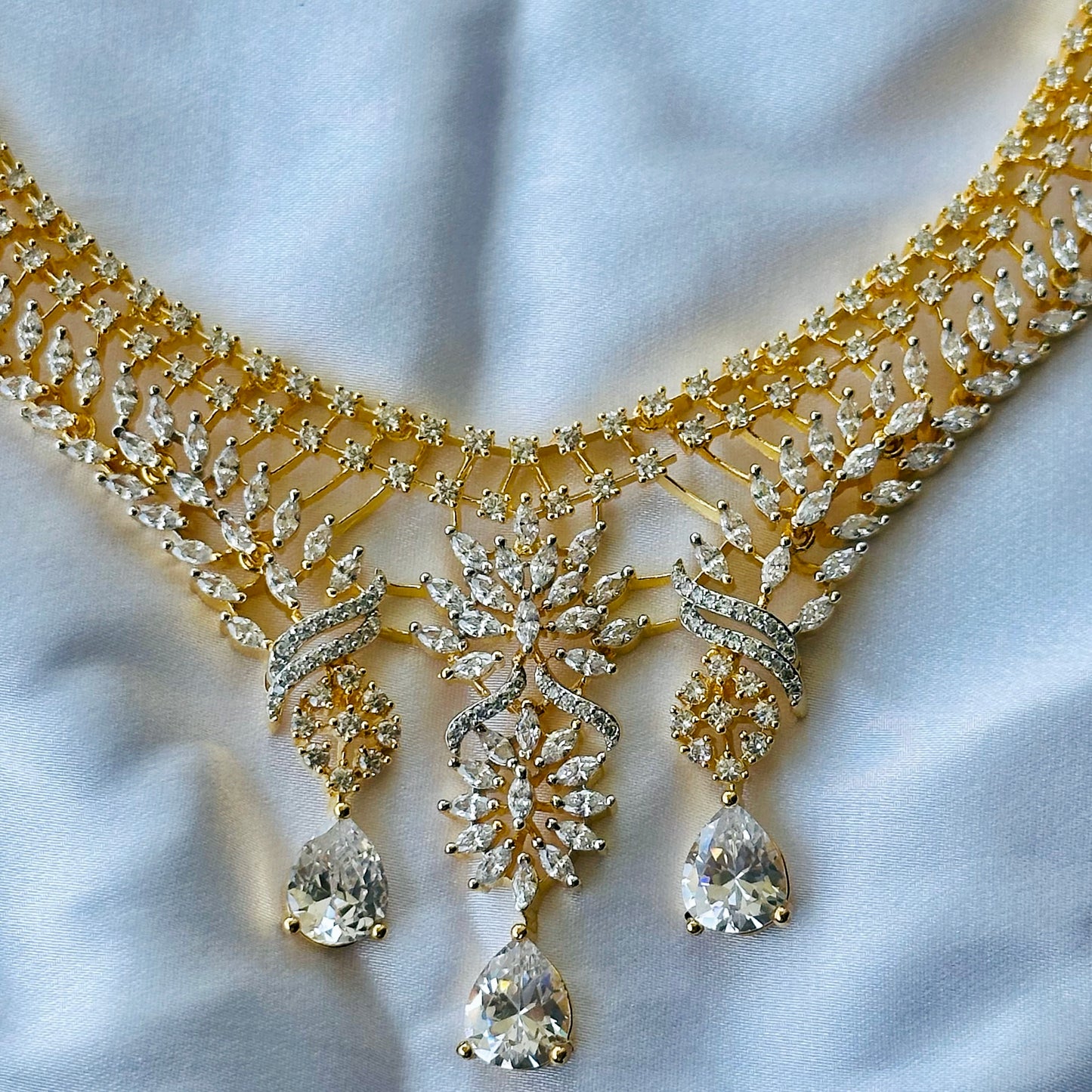 Solitaire Cubic Zircon American Diamond Gold Plated Necklace Set