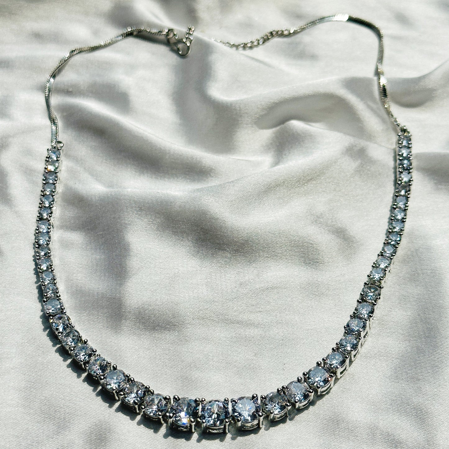 Solitaire Cubic Zircon American Diamond Silver Plated Necklace Set