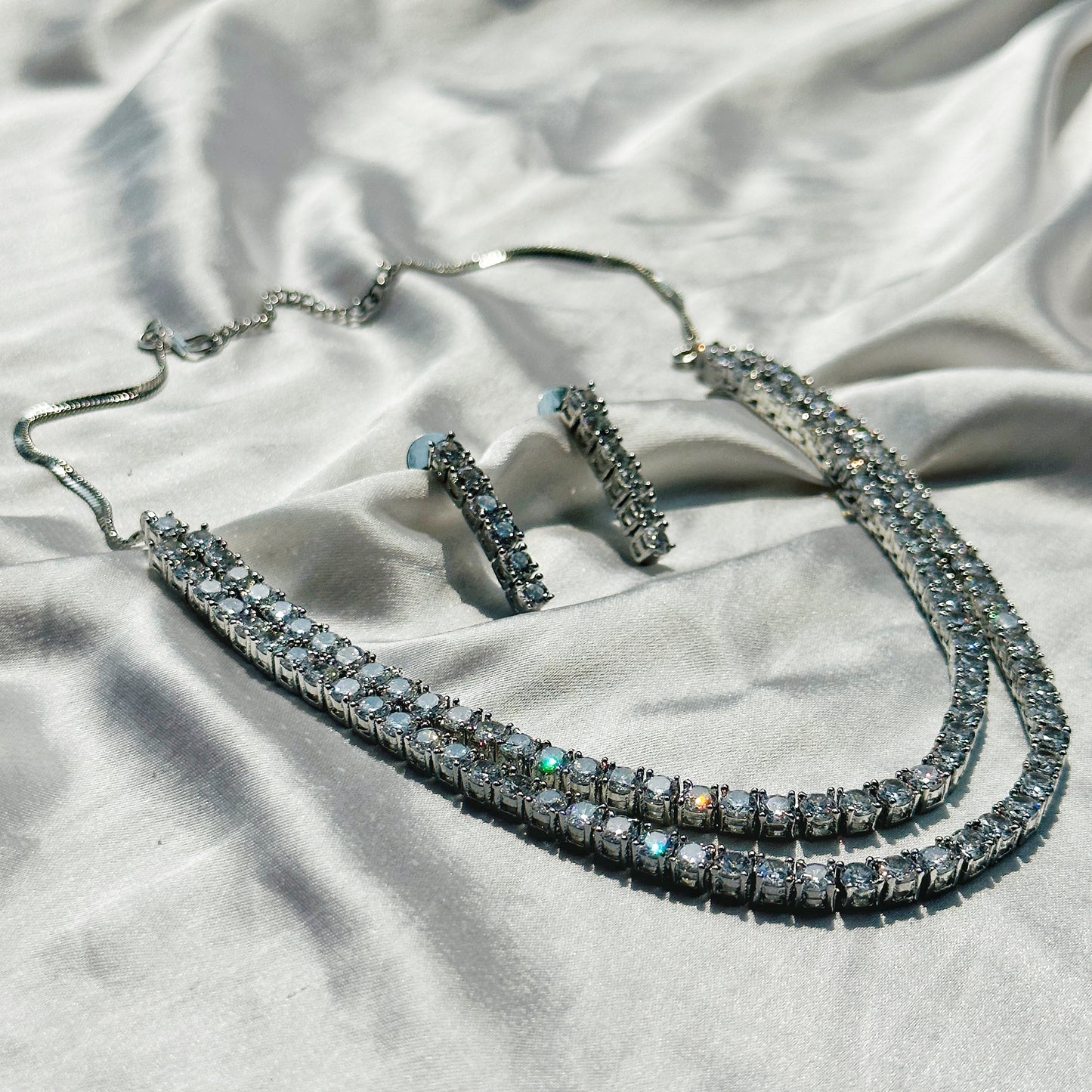 Solitaire Cubic Zircon American Diamond Silver Plated Necklace Set