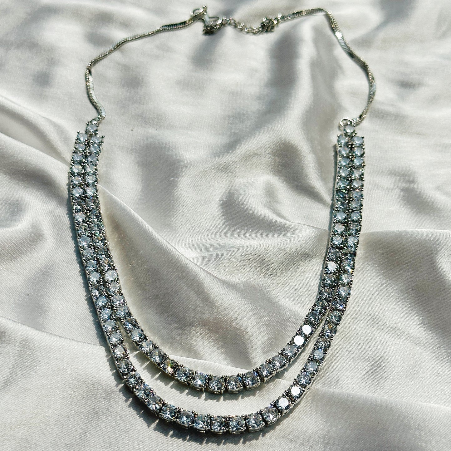 Solitaire Cubic Zircon American Diamond Silver Plated Necklace Set