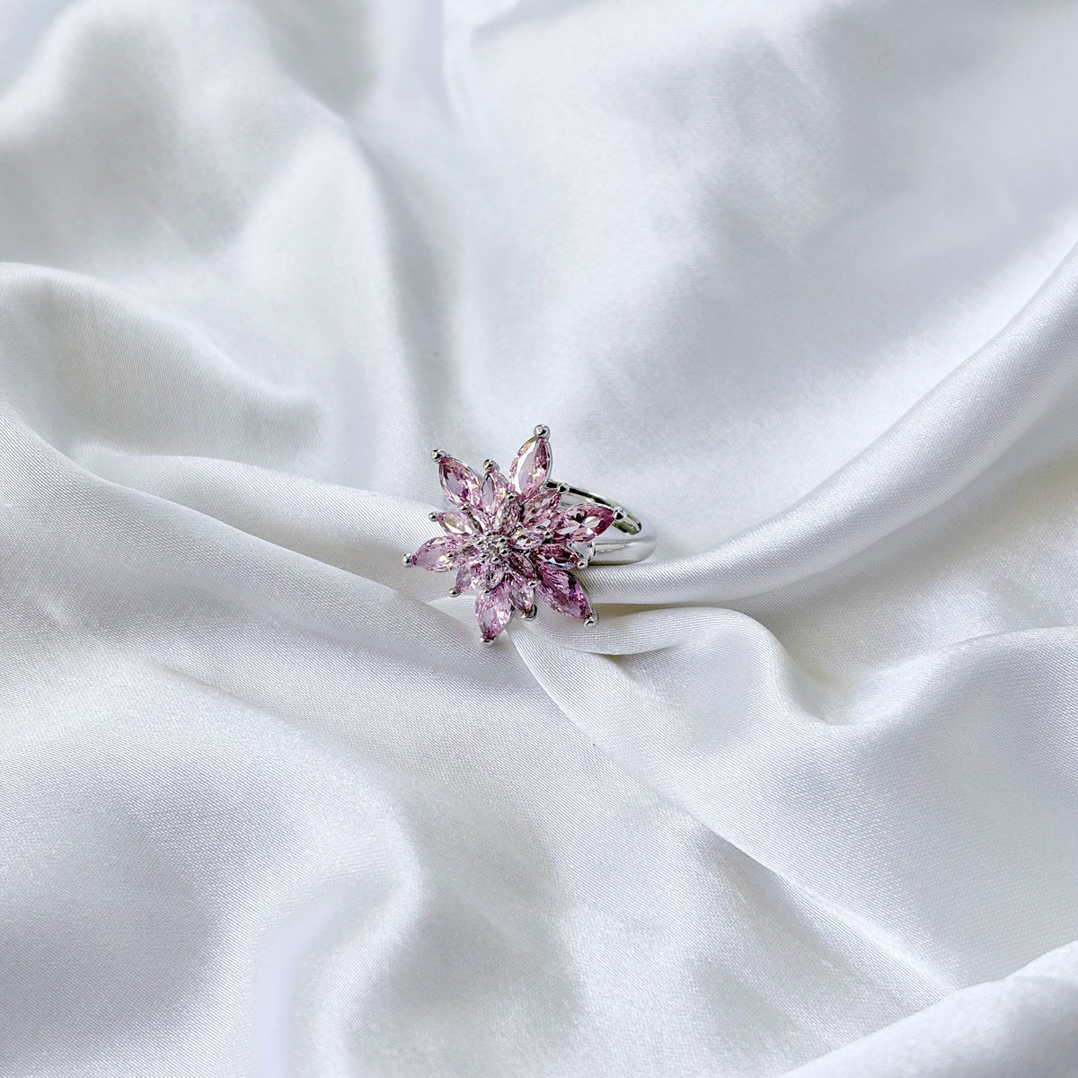 Pink Topaz Cubic Zirconia Ice Cut American Diamond Silver Plated Adjustable Ring