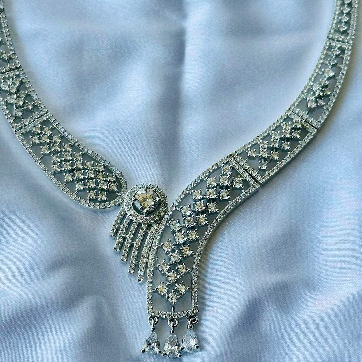 Solitaire Cubic Zircon American Diamond Silver Plated Necklace Set