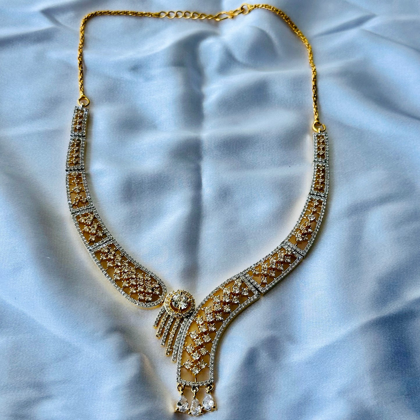 Solitaire Cubic Zircon American Diamond Gold Plated Necklace Set