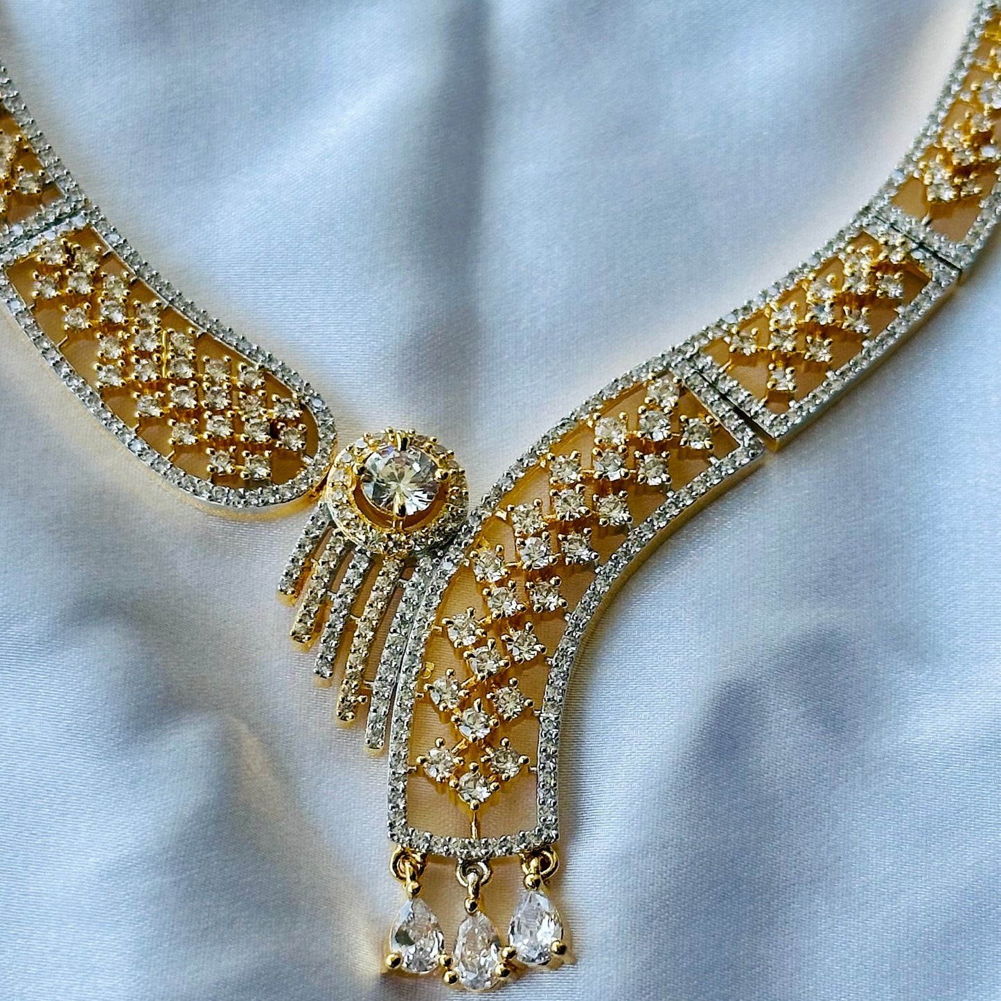 Solitaire Cubic Zircon American Diamond Gold Plated Necklace Set