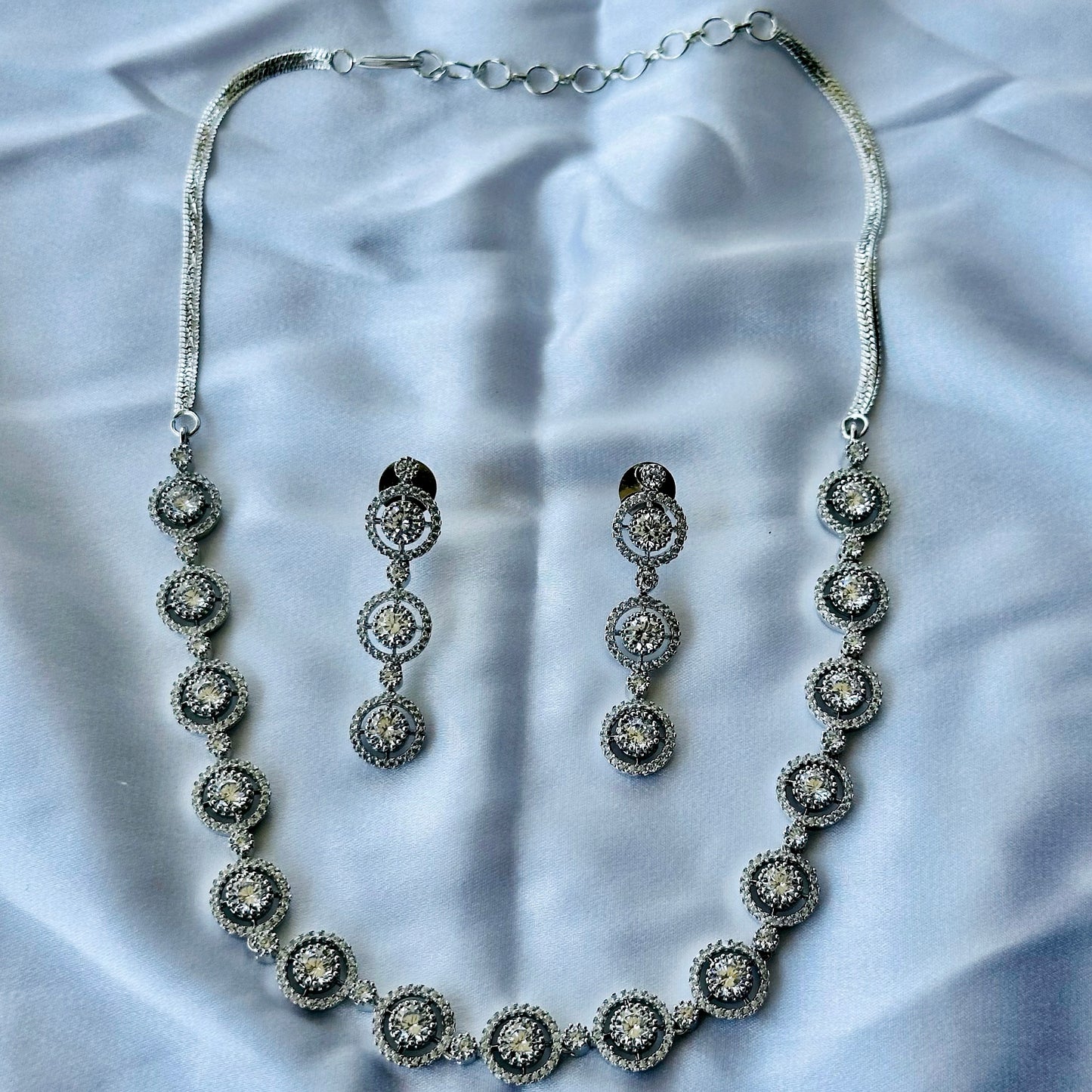Solitaire Cubic Zircon American Diamond Silver Plated Necklace Set