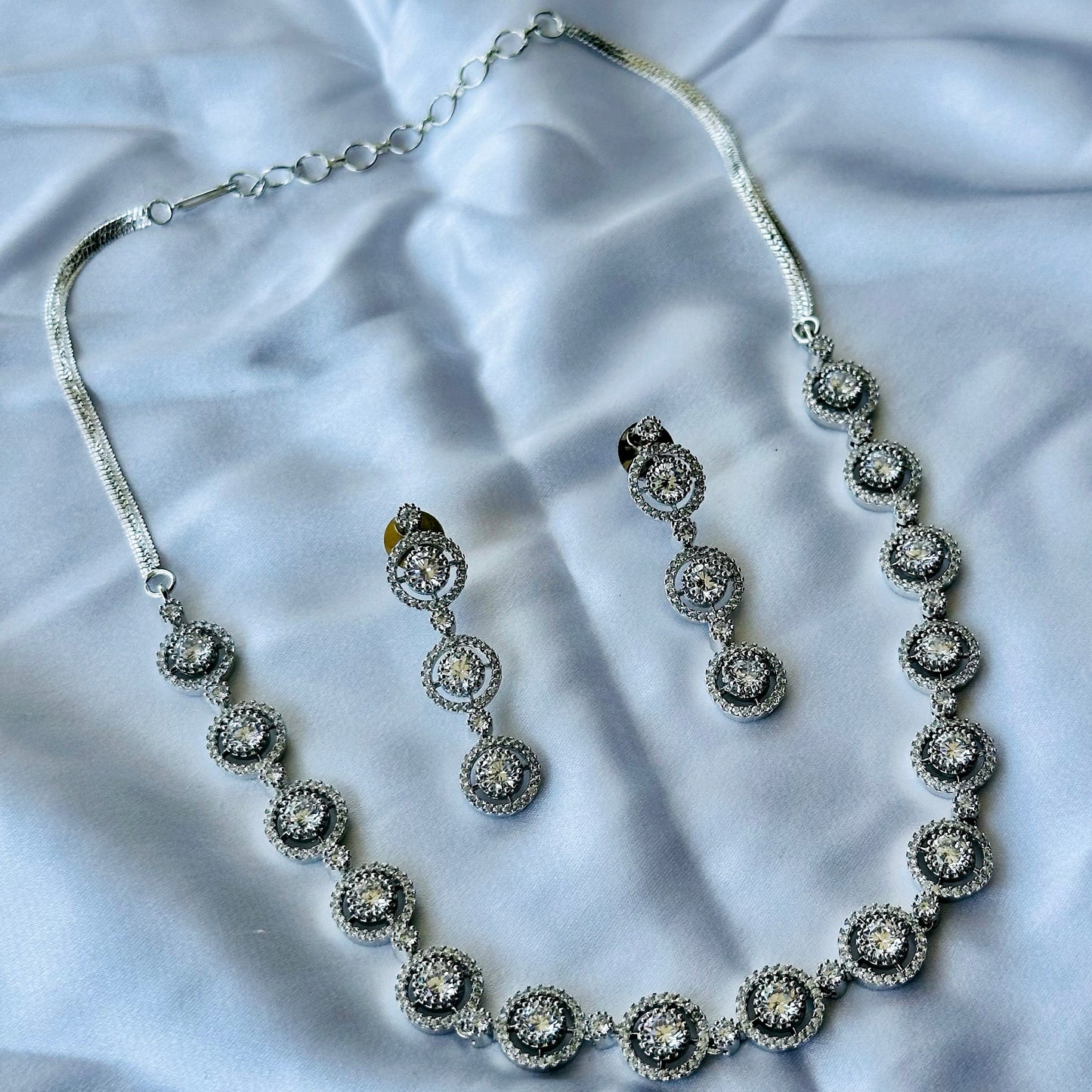 Solitaire Cubic Zircon American Diamond Silver Plated Necklace Set