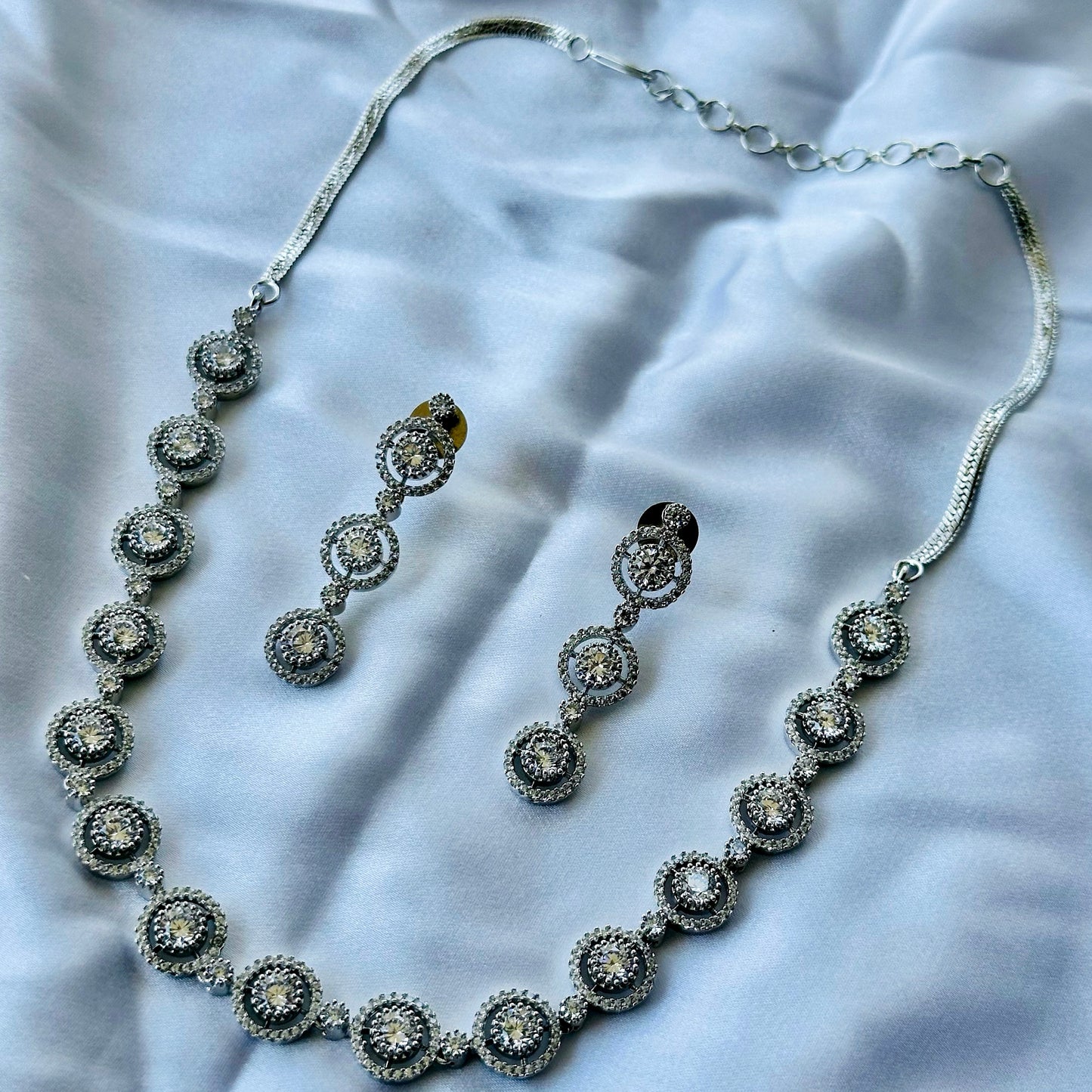 Solitaire Cubic Zircon American Diamond Silver Plated Necklace Set