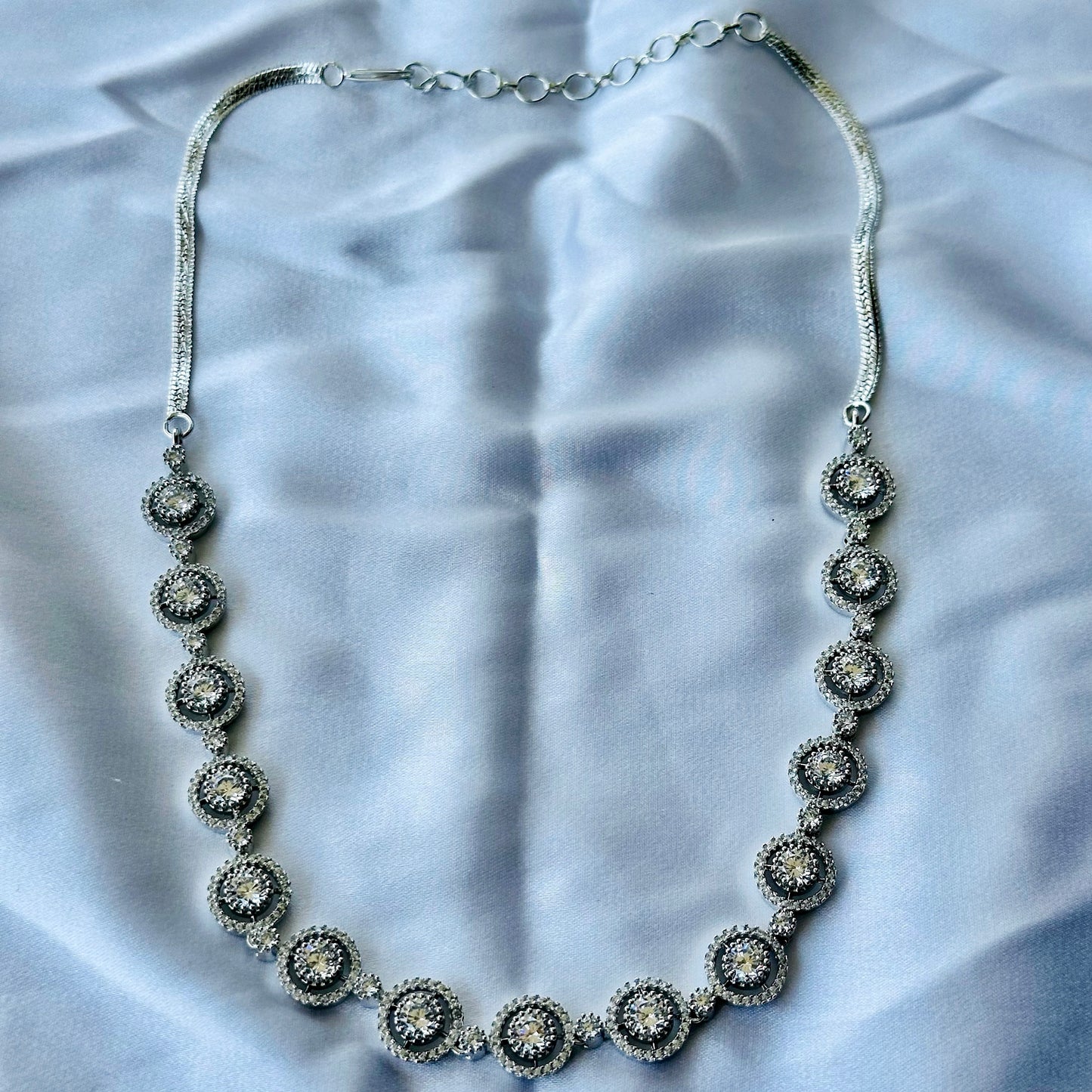 Solitaire Cubic Zircon American Diamond Silver Plated Necklace Set