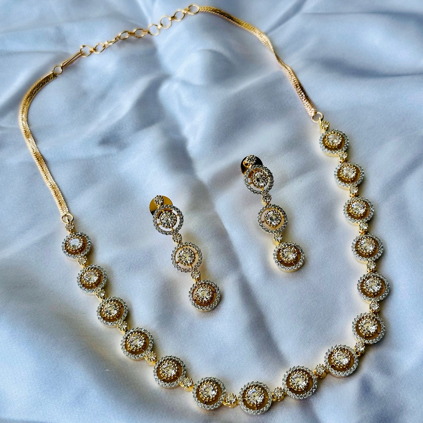 Solitaire Cubic Zircon American Diamond Gold Plated Necklace Set