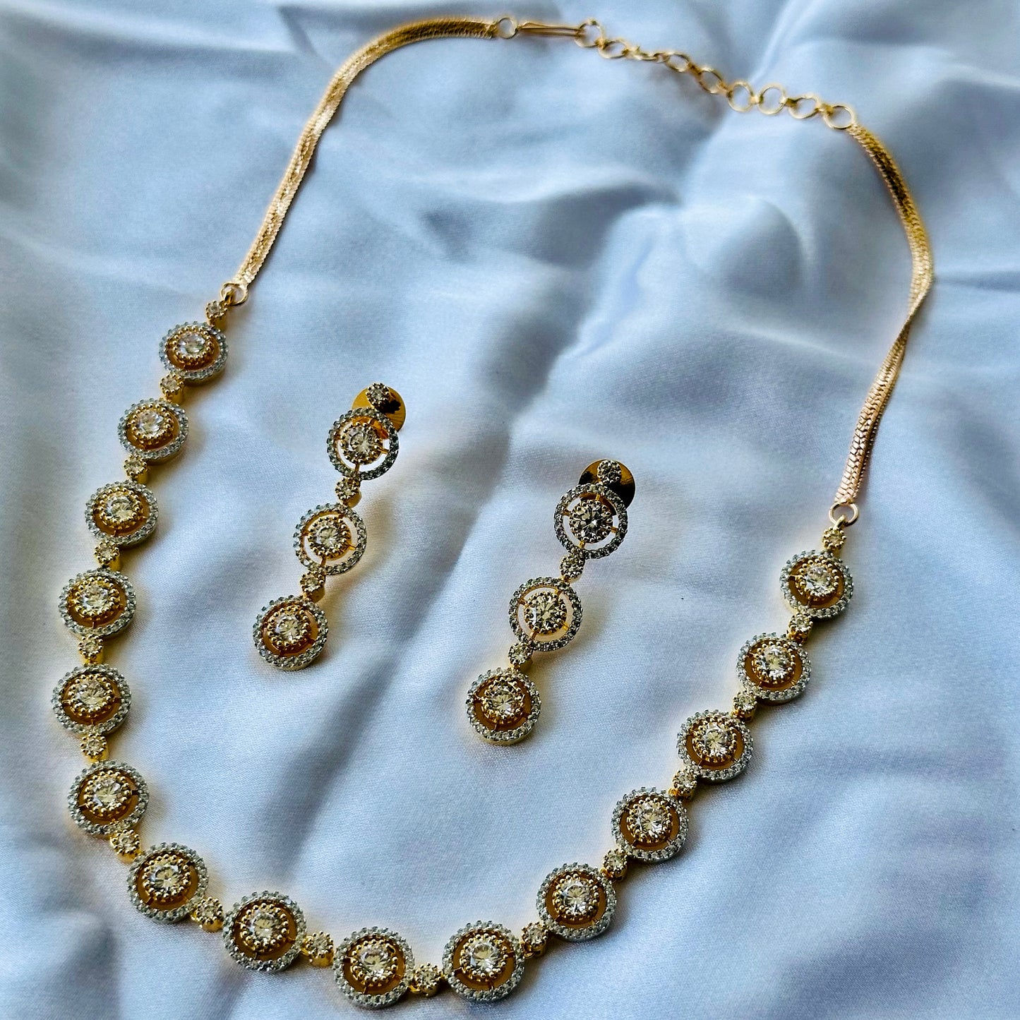 Solitaire Cubic Zircon American Diamond Gold Plated Necklace Set