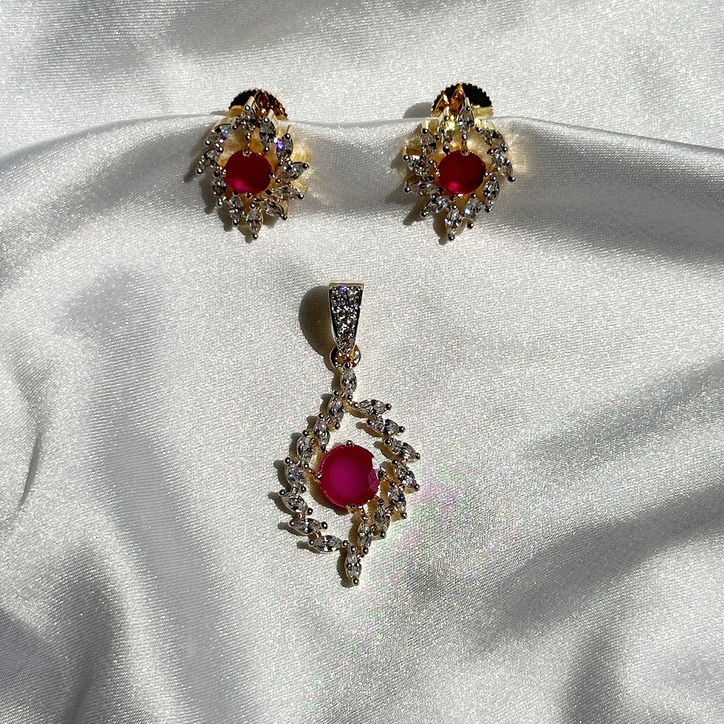 Red Ruby Cubic Zircon American Diamond Gold Plated Pendant Set
