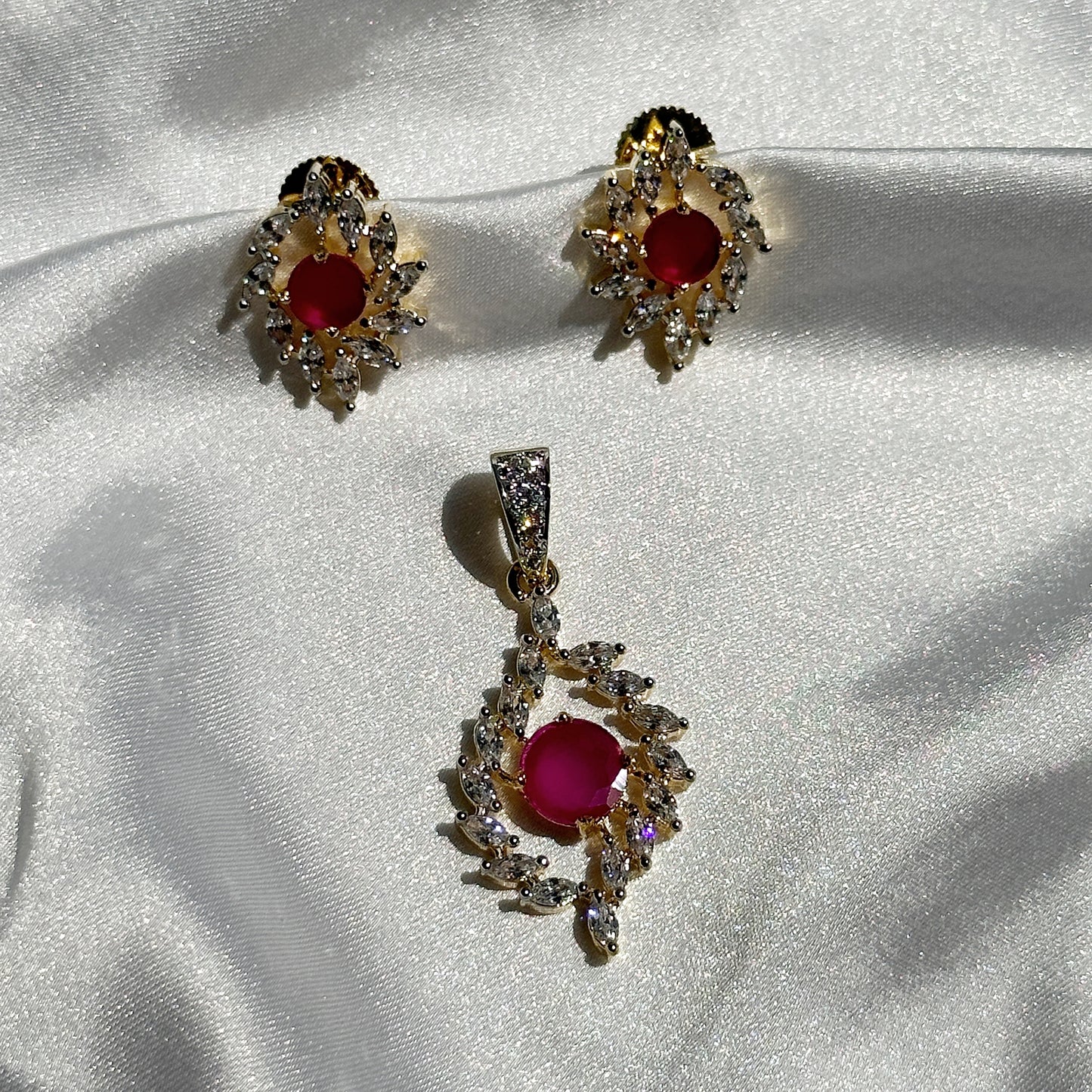 Red Ruby Cubic Zircon American Diamond Gold Plated Pendant Set