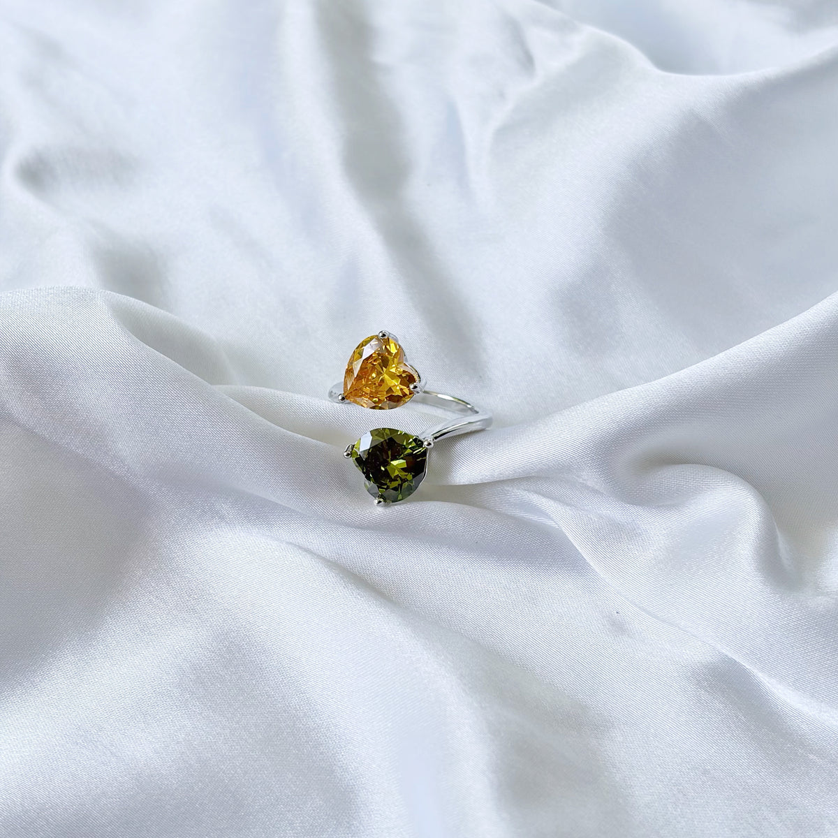 Yellow Topaz/Olive Green Cubic Zirconia Ice Cut American Diamond Silver Plated Adjustable Ring