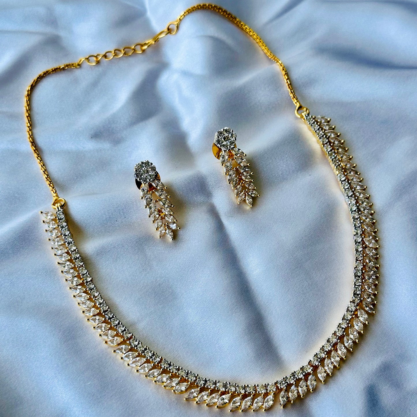 Solitaire Cubic Zircon American Diamond Gold Plated Necklace Set