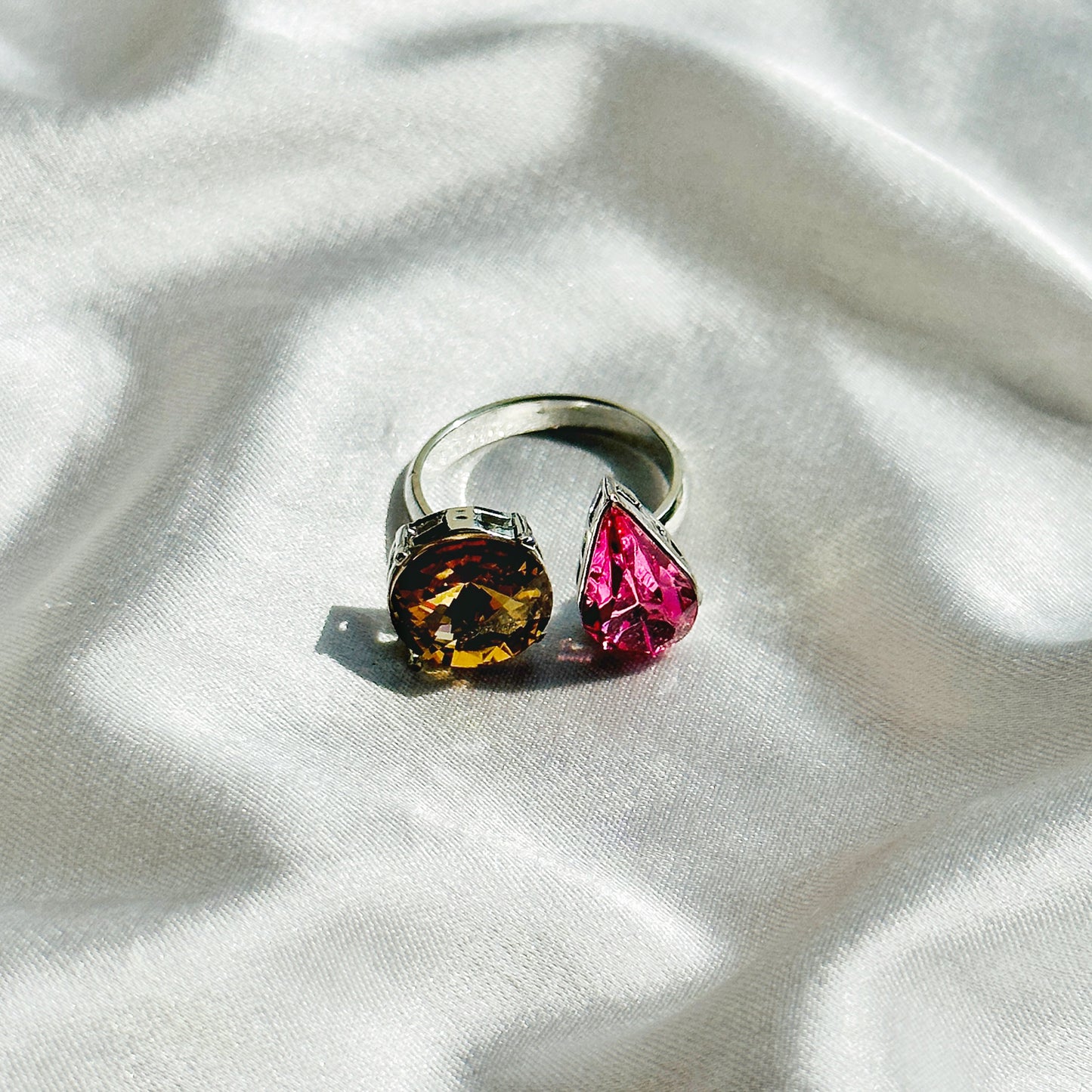 Light Colorado Topaz & Fuchsia Swarovski Crystals Silver Plated Adjustable Ring