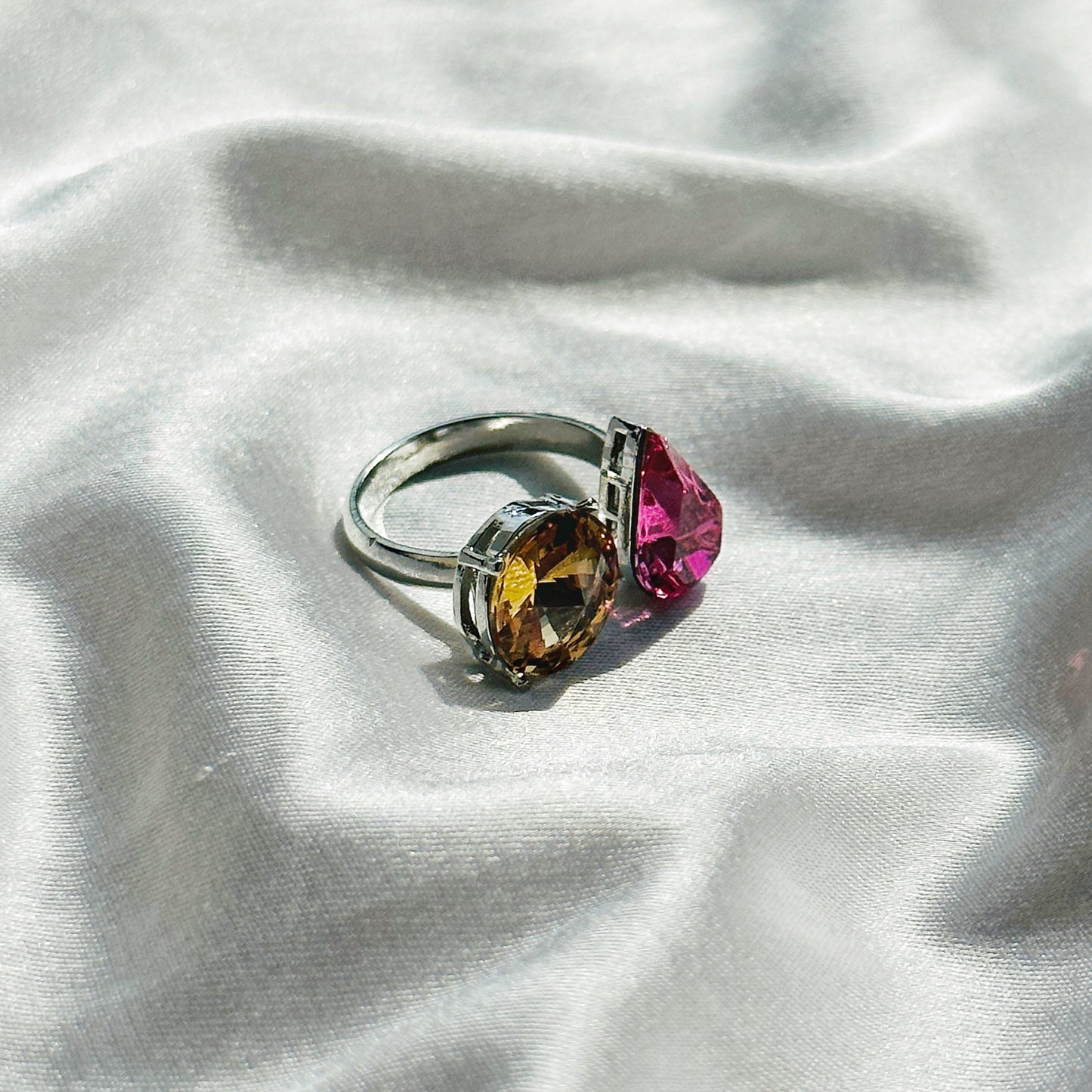 Light Colorado Topaz/Fuchsia Swarovski Crystals Silver Plated Adjustable Ring