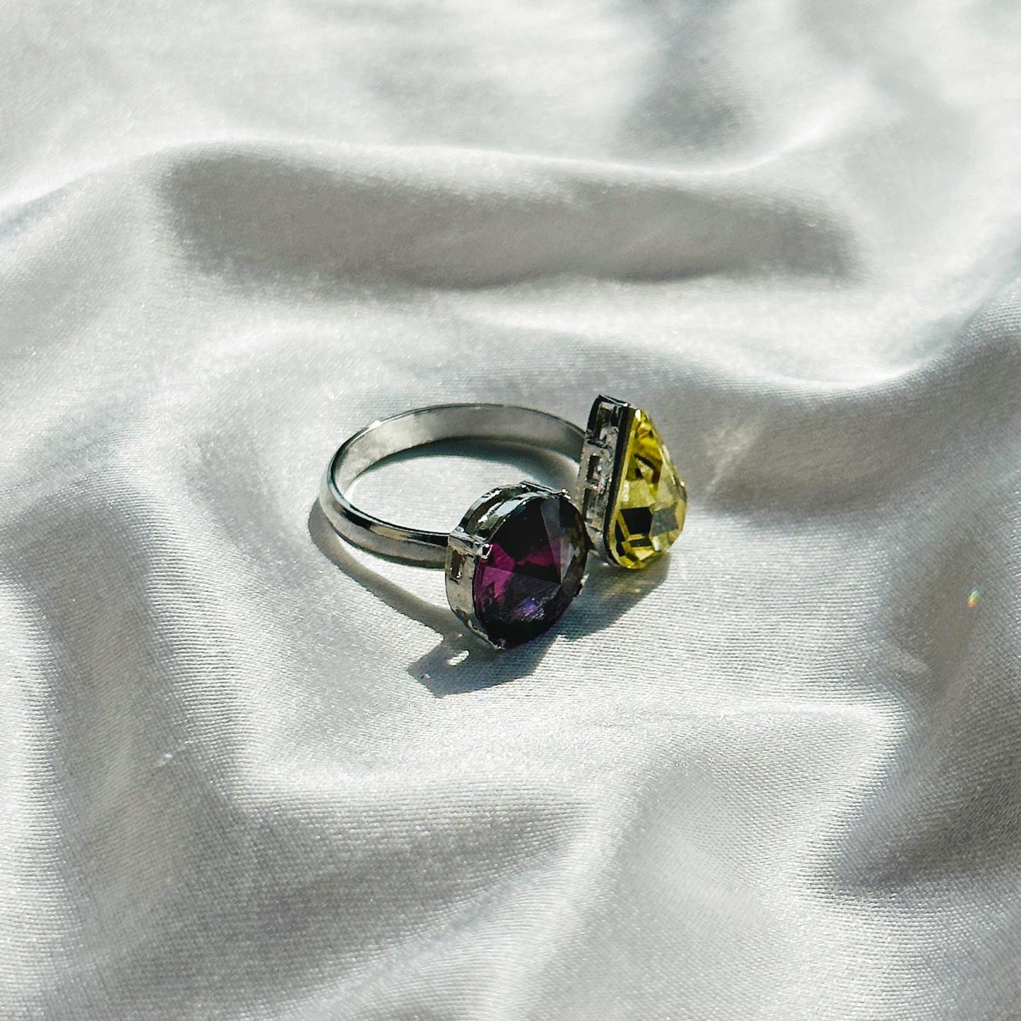 Burgundy/Lime Swarovski Crystals Silver Plated Adjustable Ring