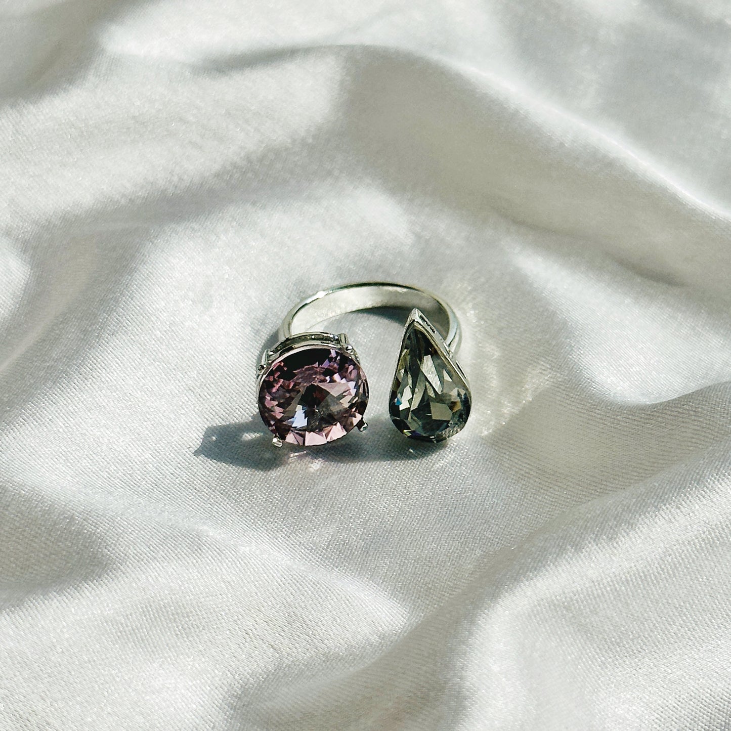 Light Rose/Morion Swarovski Crystals Silver Plated Adjustable Ring