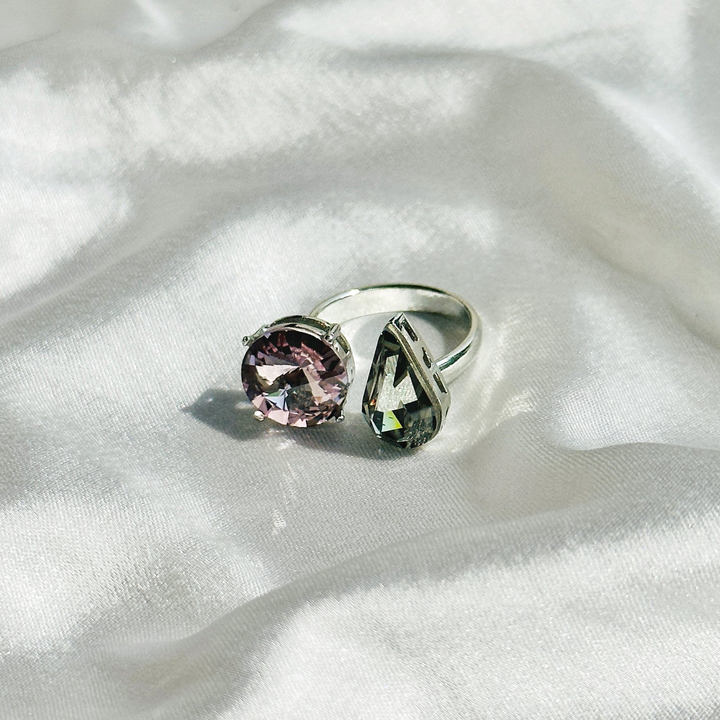 Light Rose/Morion Swarovski Crystals Silver Plated Adjustable Ring