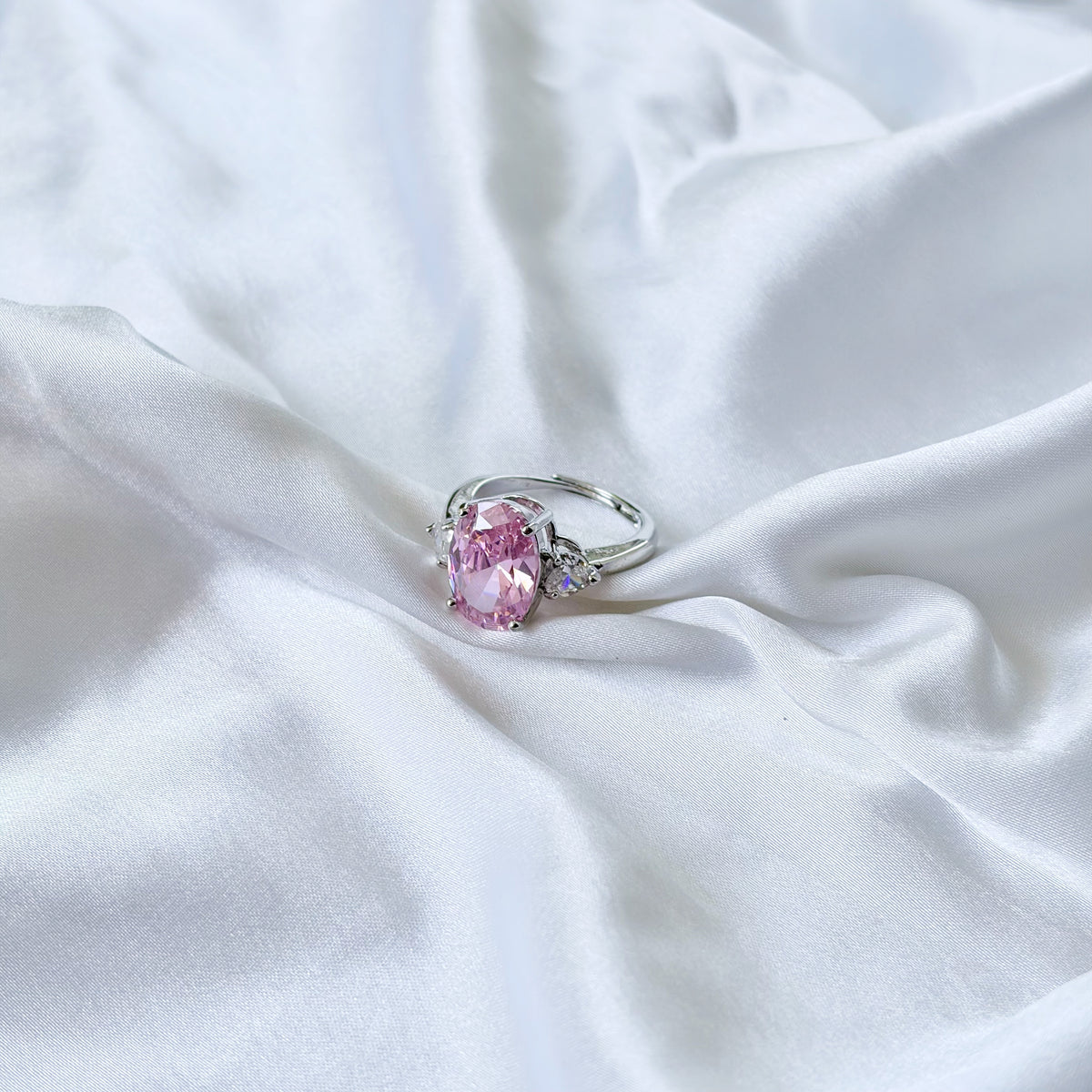 Pink Topaz Cubic Zirconia Ice Cut American Diamond Silver Plated Adjustable Ring