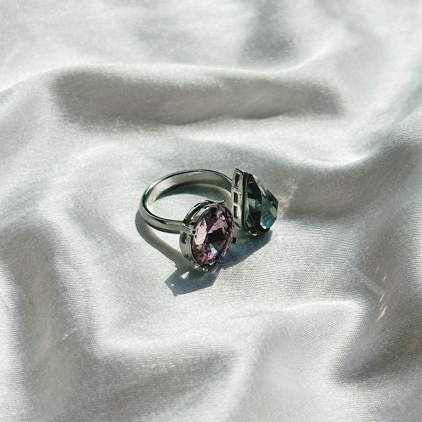 Light Rose/Morion Swarovski Crystals Silver Plated Adjustable Ring
