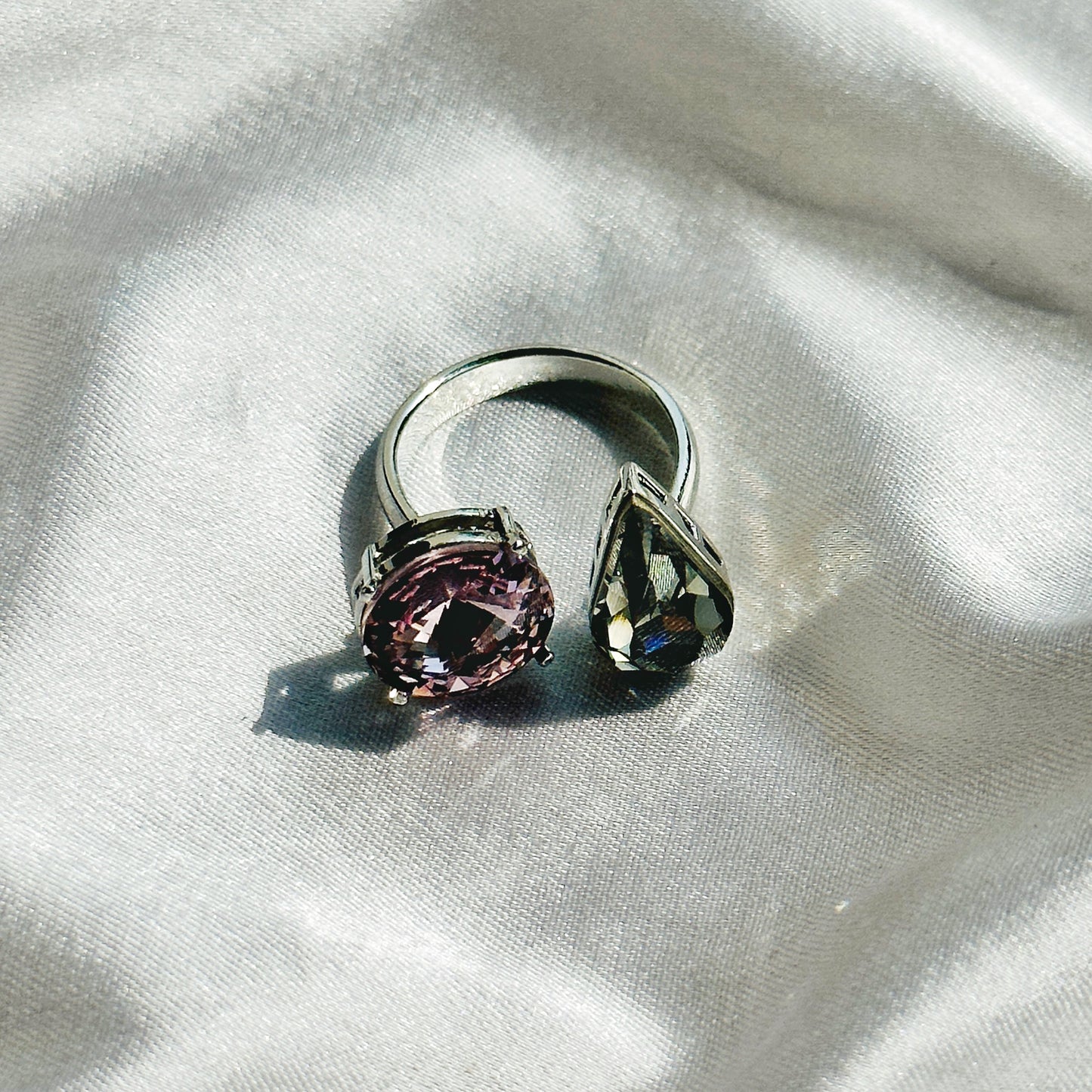 Light Rose & Morion Swarovski Crystals Silver Plated Adjustable Ring