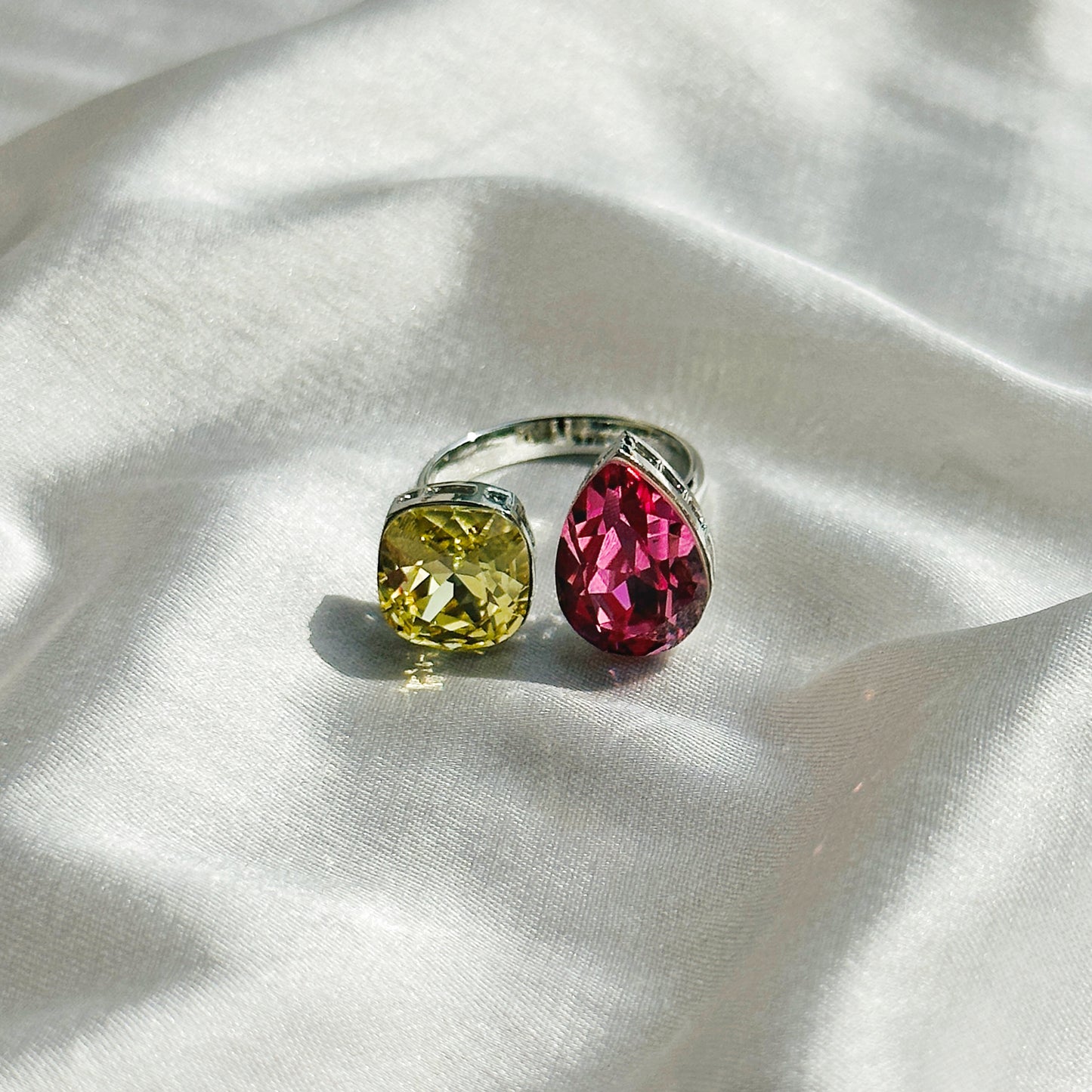 Lime/Fuchsia Swarovski Crystals Silver Plated Adjustable Ring