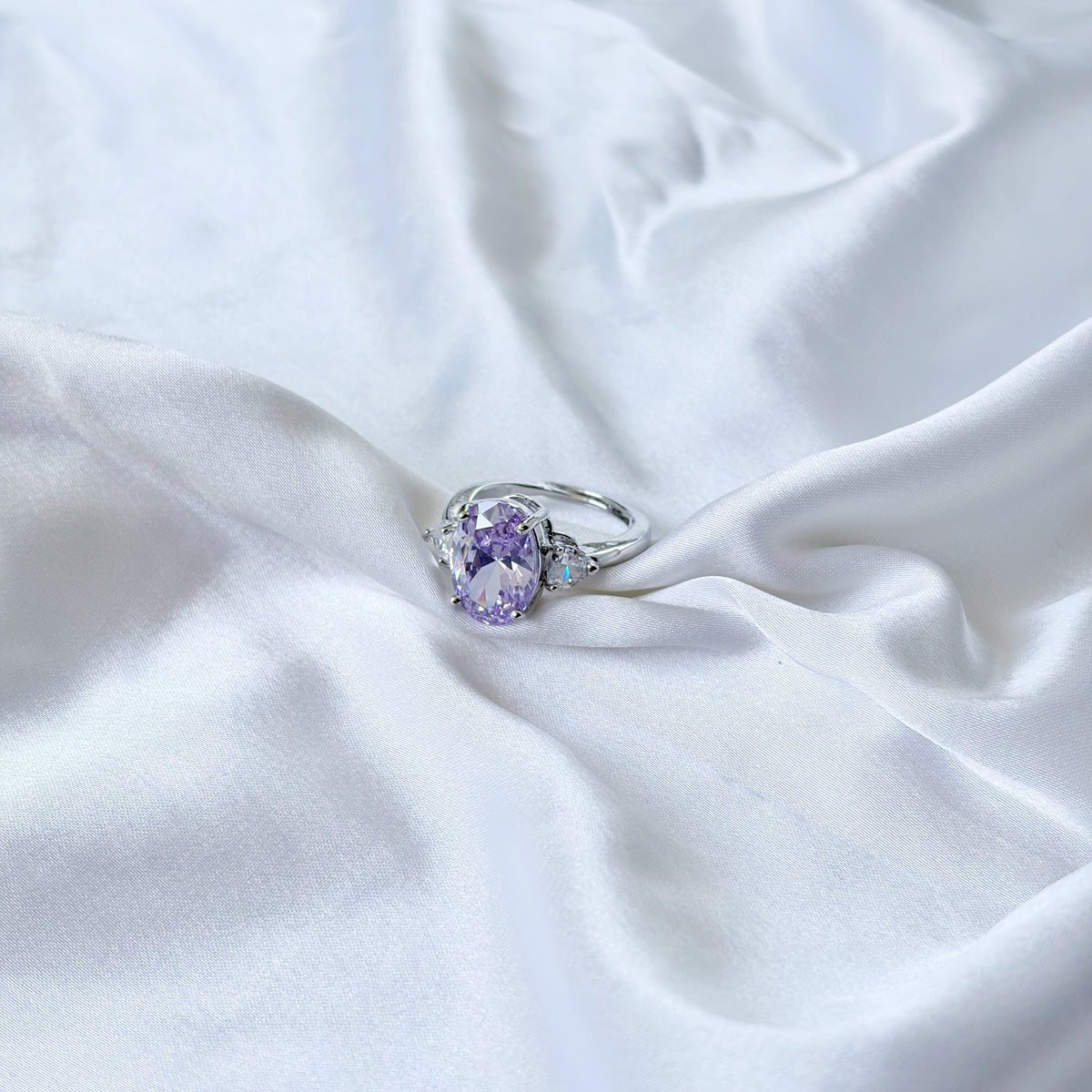 Purple Amethyst Cubic Zirconia Ice Cut American Diamond Silver Plated Adjustable Ring
